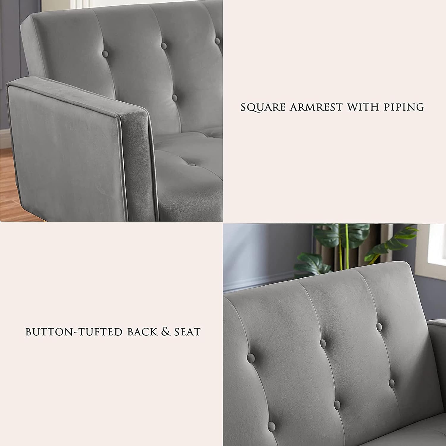 72" Velvet Futon Sofa Bed,Convertible Folding Sleeper Couch Bed,Modern Tufted Recliner Loveseat with Golden Chrome Legs for Small Living Spaces,Bedroom Dorms Office (Grey)