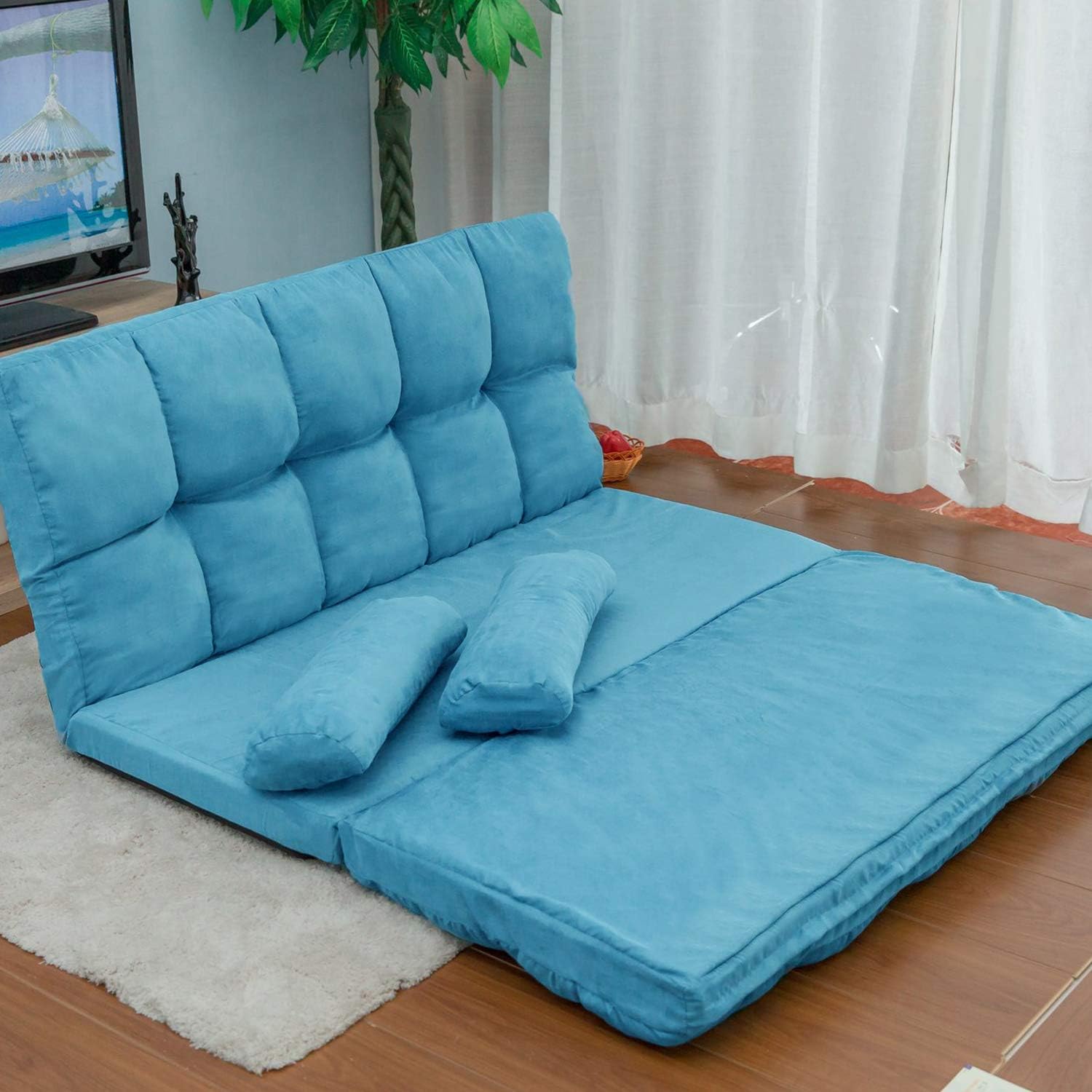 Adjustable Floor Sofa, Foldable Lazy Sofa Sleeper Bed 6-Position Adjustable, Convertible Floor Sofa Chair, Floor Gaming Sofa Couch with 2 Pillows for Bedroom/Living Room/Balcony (Brown)(Blue)
