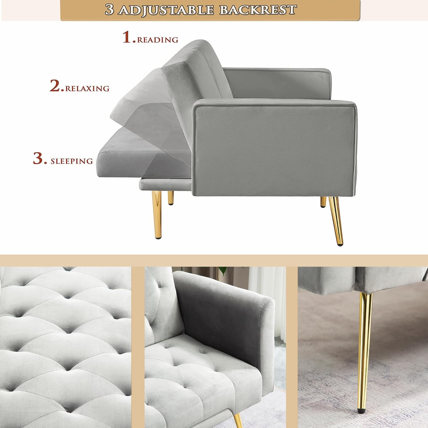 72" Velvet Futon Sofa Bed,Convertible Folding Sleeper Couch Bed,Modern Tufted Recliner Loveseat with Golden Chrome Legs for Small Living Spaces,Bedroom Dorms Office (Grey+Pillows)