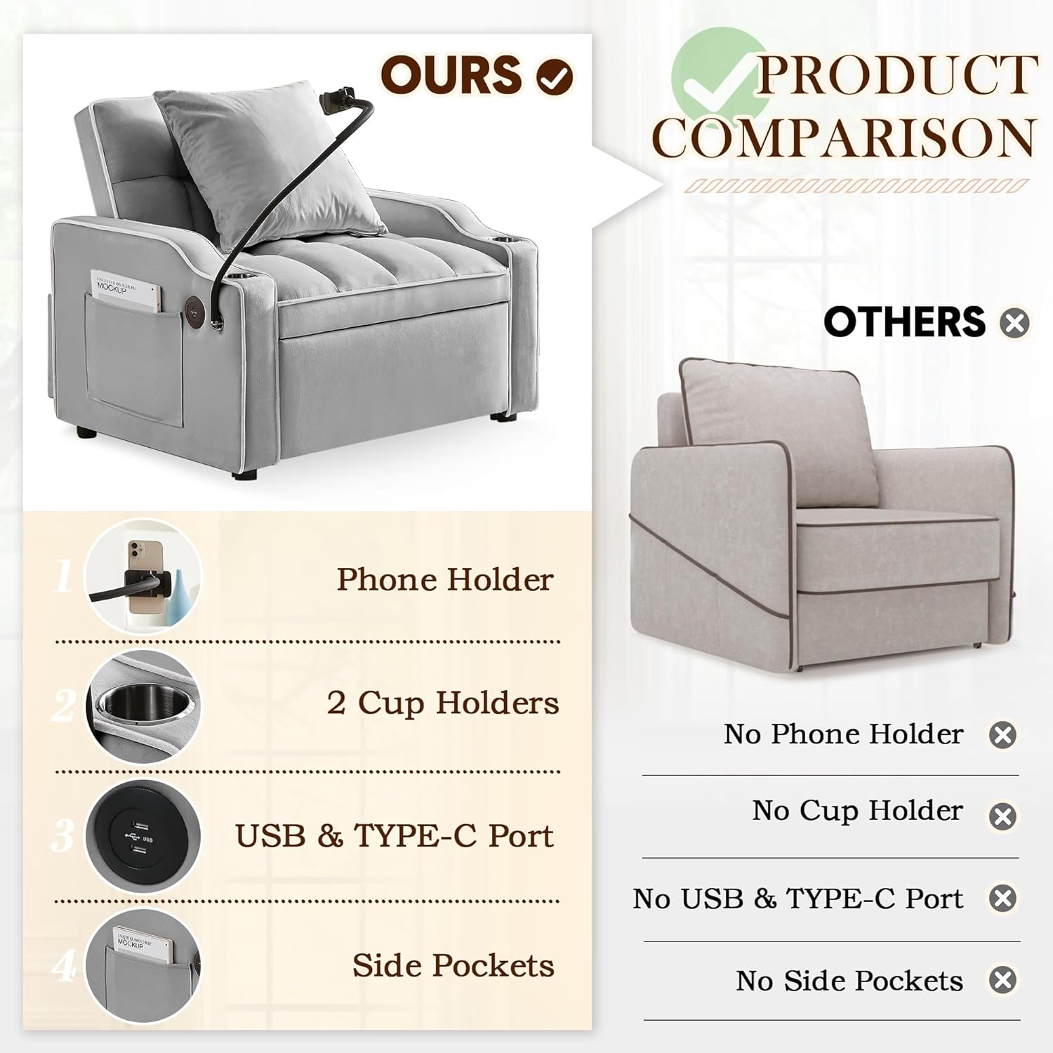 SLEERWAY 3-in-1 Convertible Futon Sofa Bed Chair, Multi-Functional Sleeper Chair Bed with Pull Out Couch and Adjustable Backrest, Modern Velvet Chaise Lounge Armchair for Living Room Bedroom, Grey