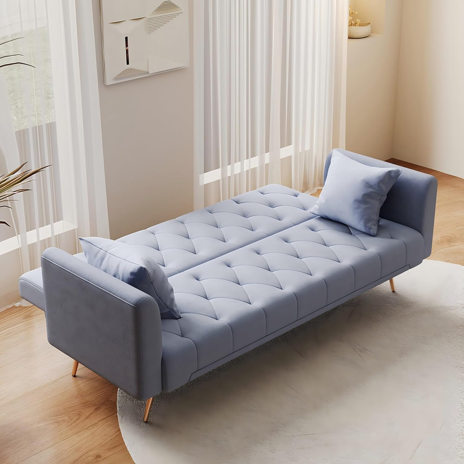 Modern Velvet Sofa Bed Futon with 2 Pillows,2-in 1 Convertible Sleeper Couch Bed,Folding Recliner Loveseat with Golden Metal Legs for Living Room Apartment Office (Pink)(Dark Grey)