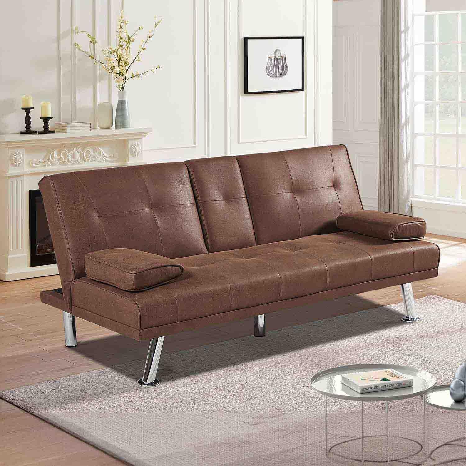 66” Modern Futon Sofa Bed with 2 Cupholders, Convertible Adjustable Upholstered Loveseat with Removable Armrests/Metal Legs, Memory Foam Living Seat for Compact Spaces/Office,Brown