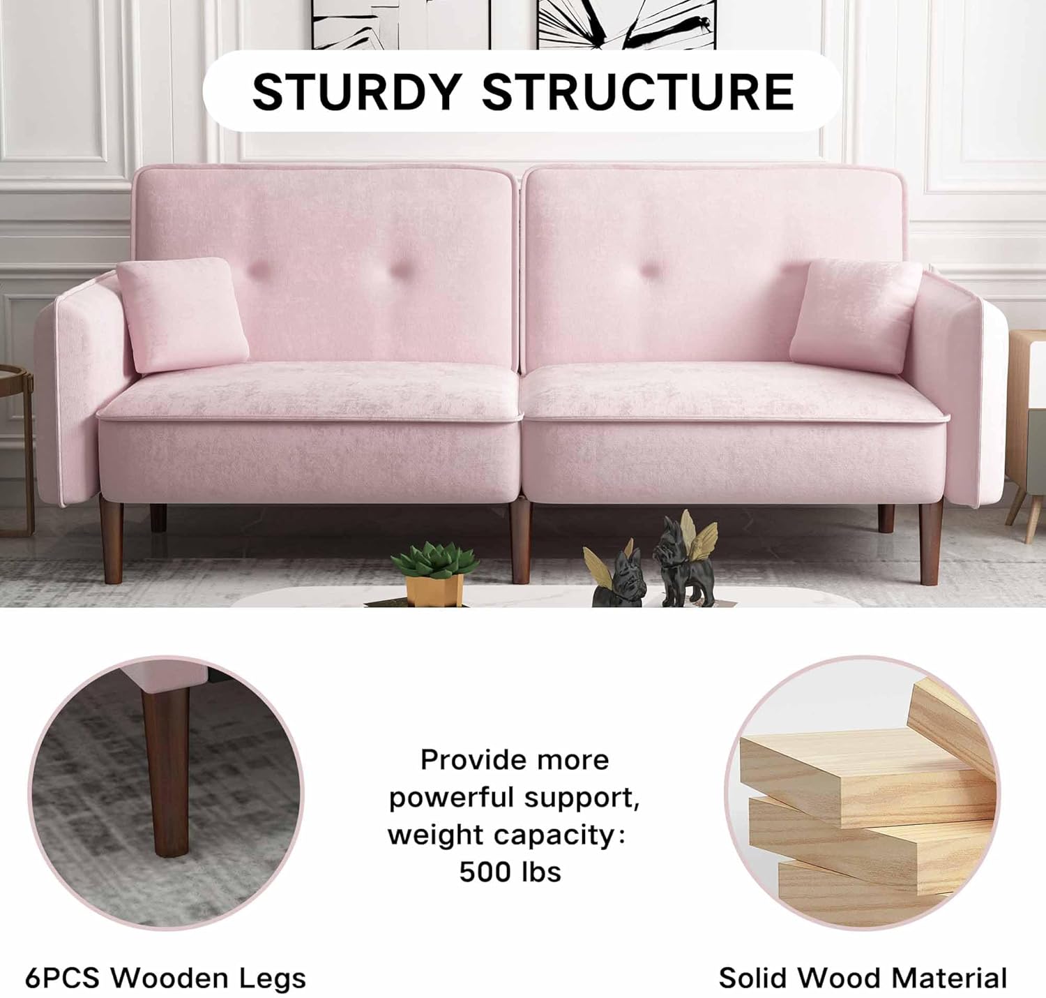 75”Loveseat Futon, Convertible Velvet Sofa Bed, Modern Sleeper Couch with Wood Legs, Folding Upholstered Recliner Sofa, Memory Foam Living Seat for Apartment/Office (Pink)(Pink)