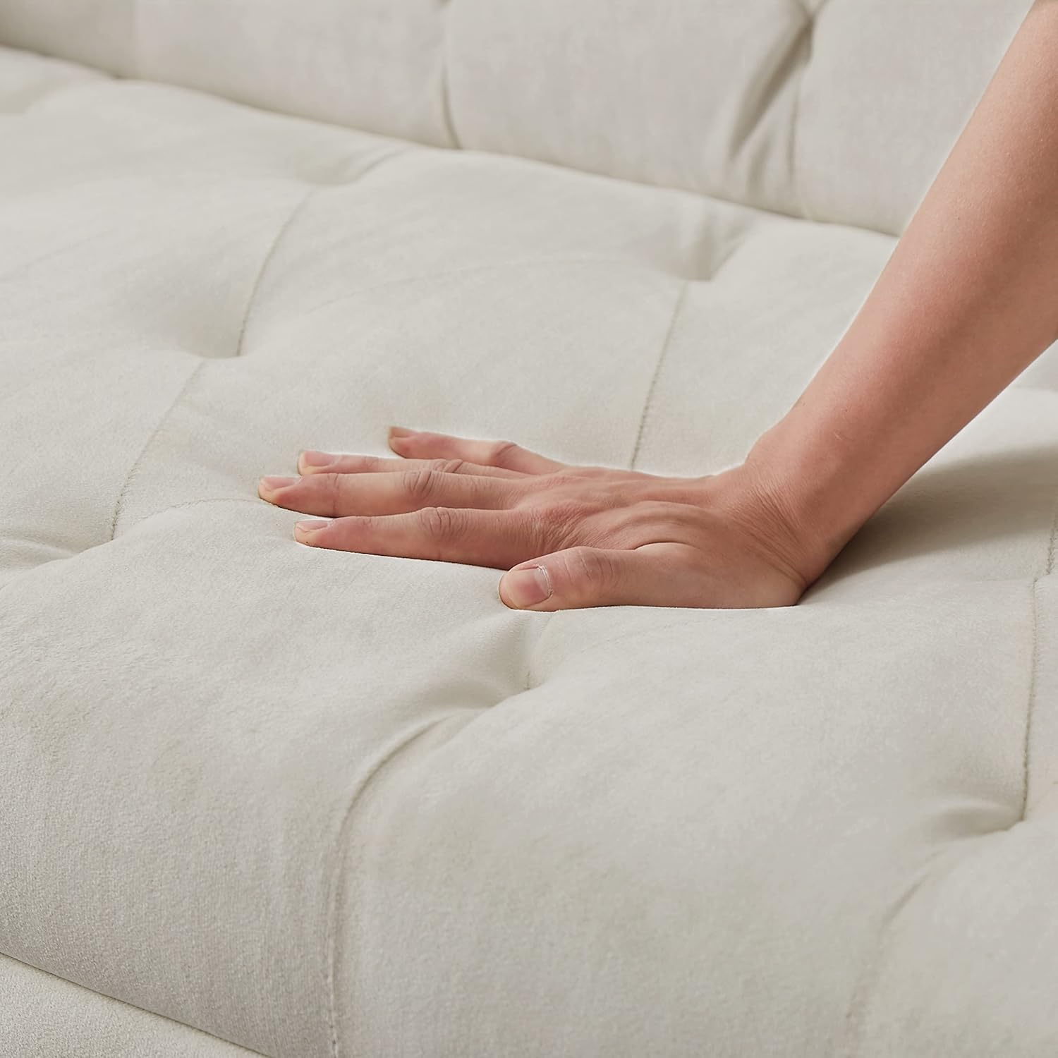 72" Velvet Futon Sofa Bed,Convertible Folding Sleeper Couch Bed,Modern Tufted Recliner Loveseat with Golden Chrome Legs for Small Living Spaces,Bedroom Dorms Office (Beige+Pillows)