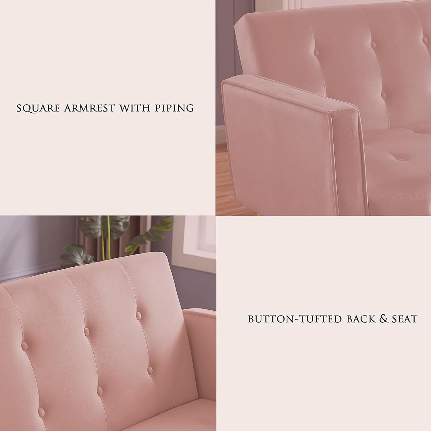 72" Velvet Futon Sofa Bed,Convertible Folding Sleeper Couch Bed,Modern Tufted Recliner Loveseat with Golden Chrome Legs for Small Living Spaces,Bedroom Dorms Office (Pink)