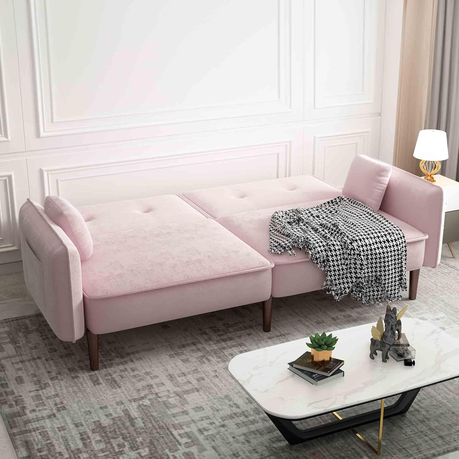 75”Loveseat Futon, Convertible Velvet Sofa Bed, Modern Sleeper Couch with Wood Legs, Folding Upholstered Recliner Sofa, Memory Foam Living Seat for Apartment/Office (Pink)(Pink)