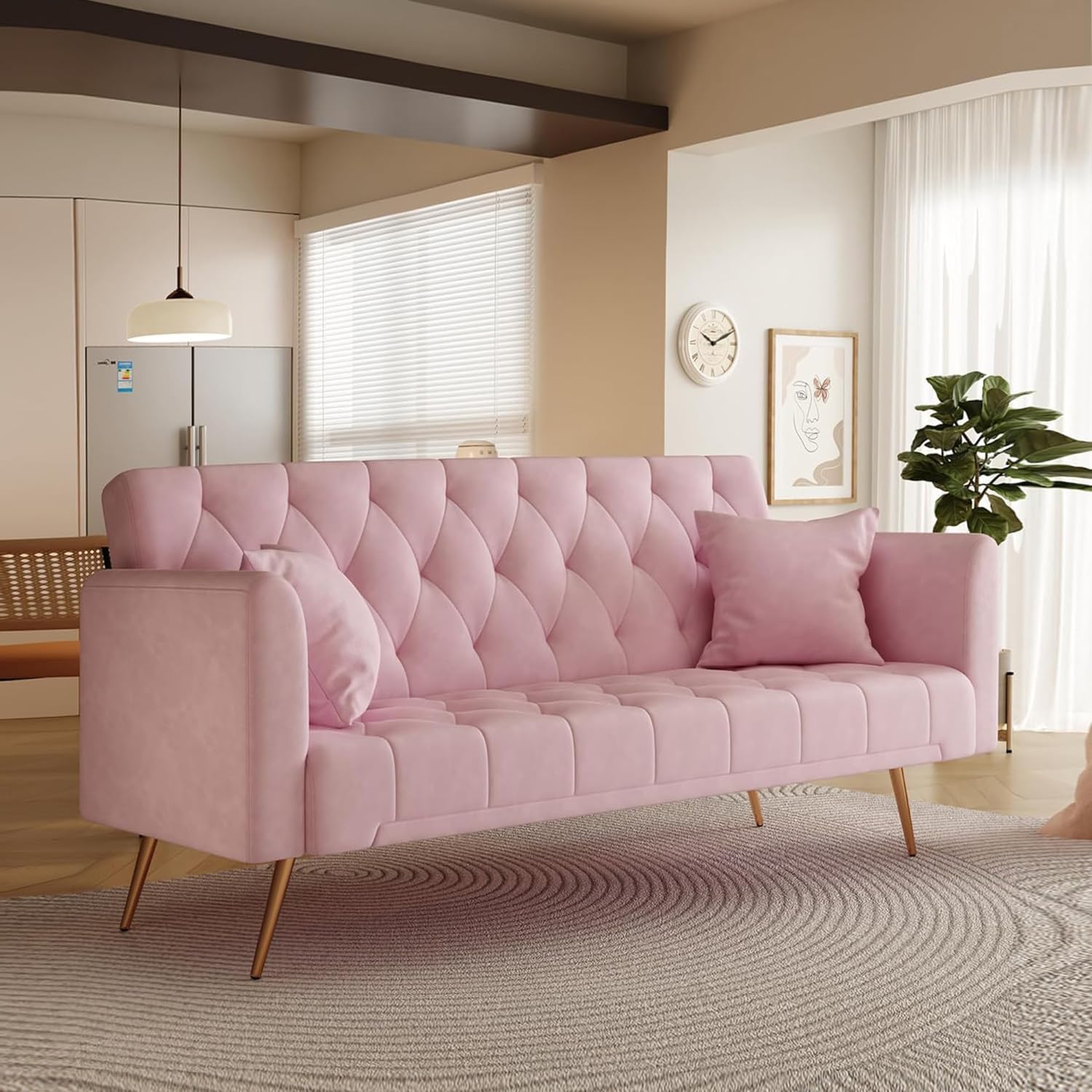 72" Velvet Futon Sofa Bed,Convertible Folding Sleeper Couch Bed,Modern Tufted Recliner Loveseat with Golden Chrome Legs for Small Living Spaces,Bedroom Dorms Office (Light Pink)
