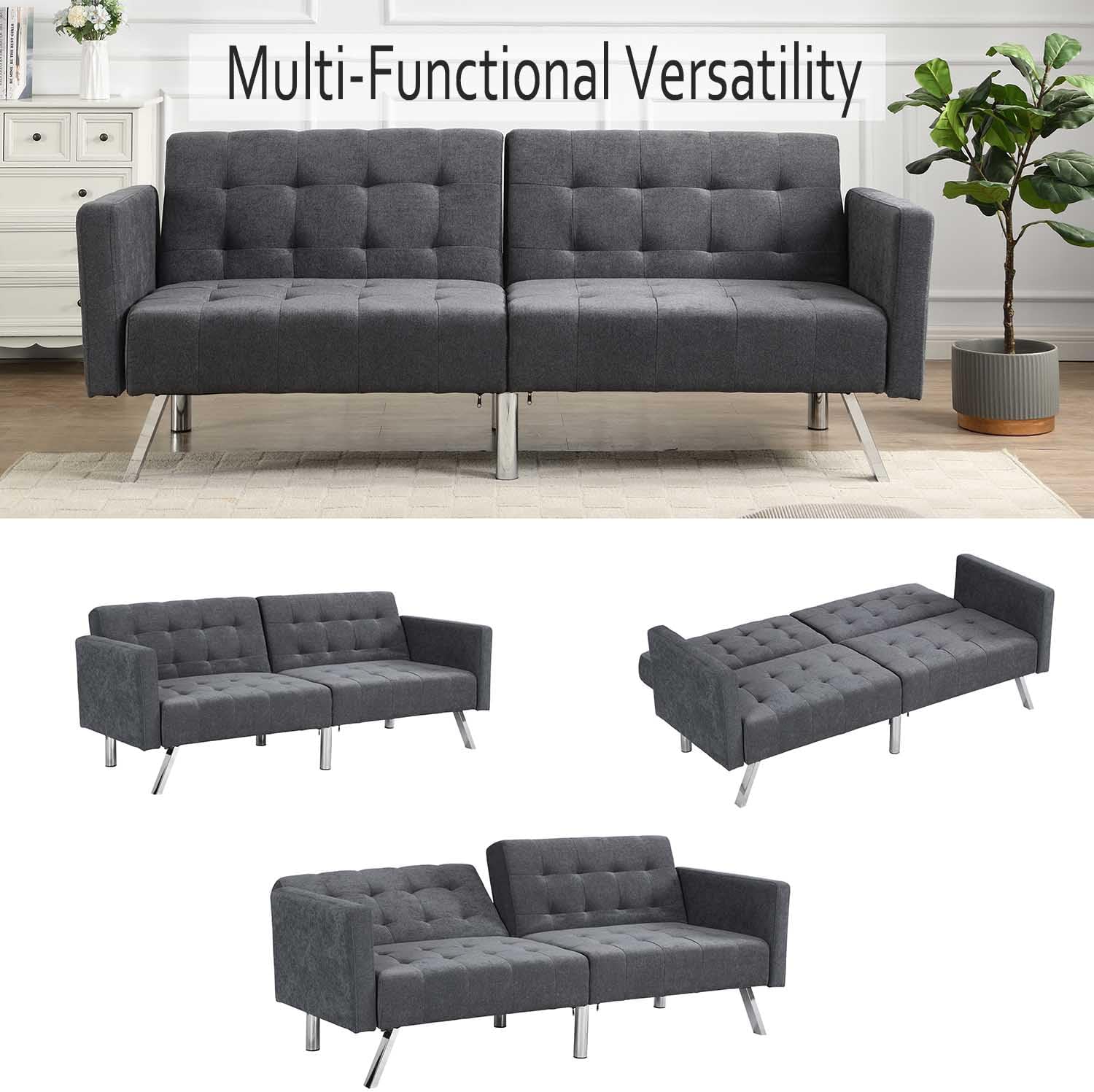 75” Modern Futon Sofa Bed, Convertible Sleeper Couch with Metal Legs/Armrests/Pillows, Folding Upholstered Loveseat, Lounge Sofa, Memory Foam Living Seat for Small Space/Office (Light Grey)(Dark Gray)
