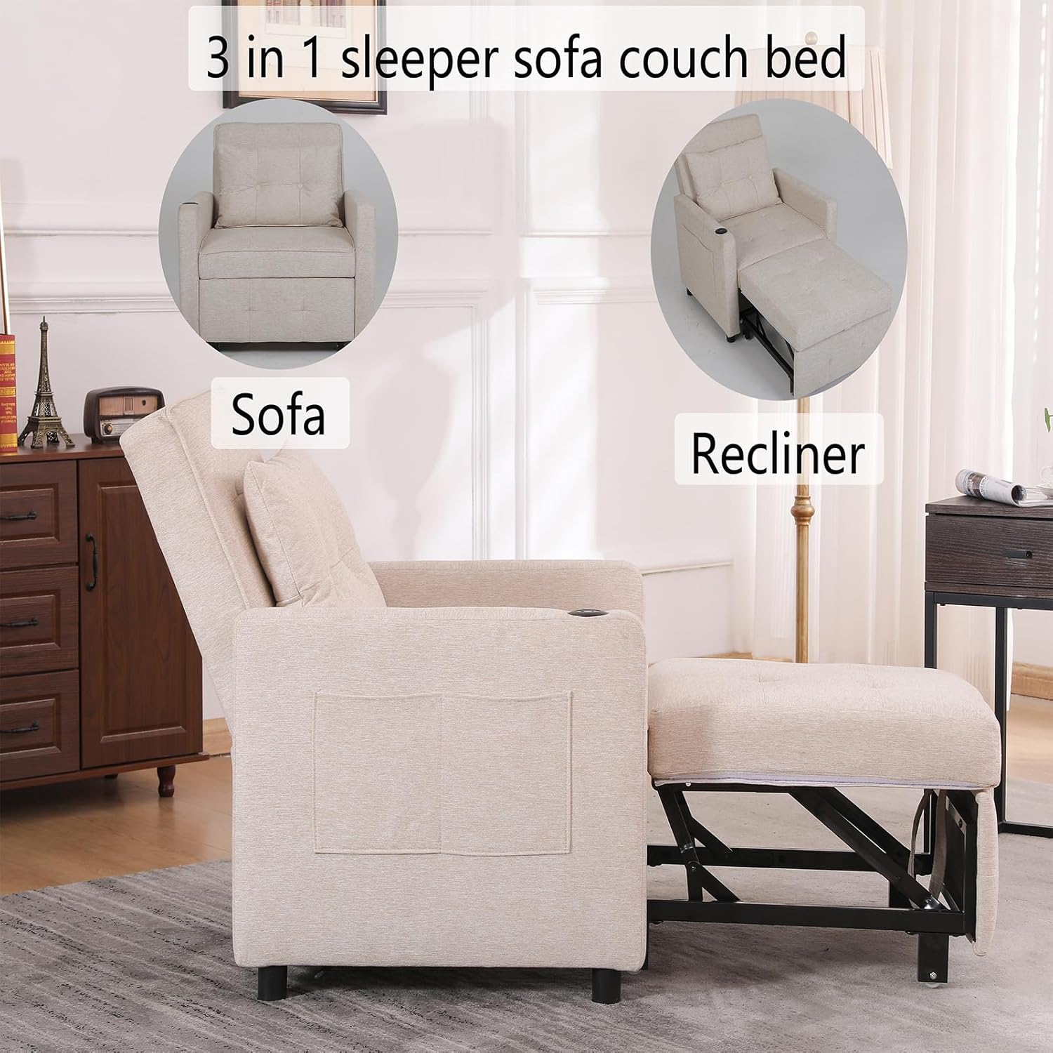 3 in 1 Pull Out Linen Single Sofa Bed with Adjustable Backrest and USB Port, Convertible Sleeper Chair with Side Pocket and Cup Holder for Adults, Teens, Bedrooms