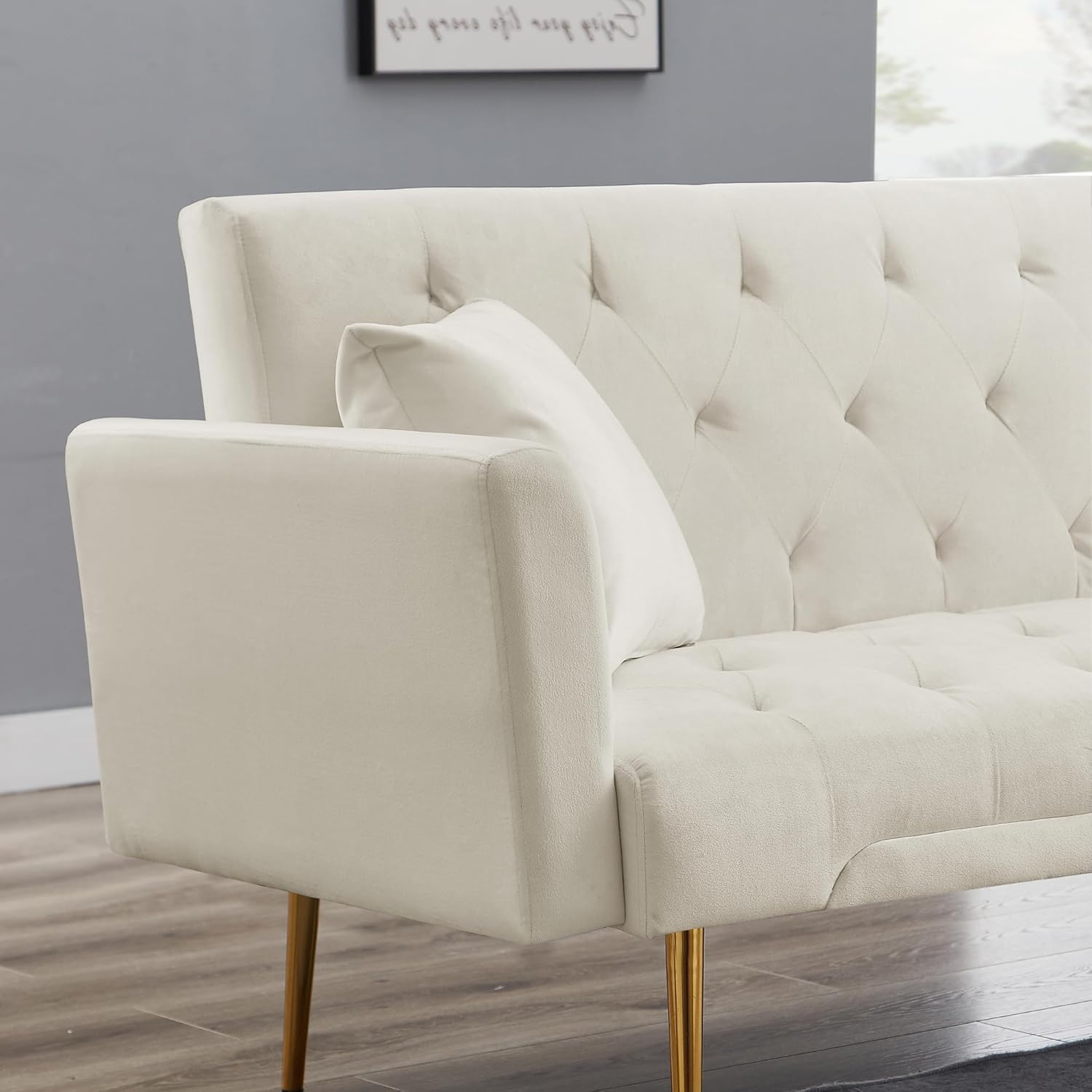 72" Velvet Futon Sofa Bed,Convertible Folding Sleeper Couch Bed,Modern Tufted Recliner Loveseat with Golden Chrome Legs for Small Living Spaces,Bedroom Dorms Office (Beige+Pillows)