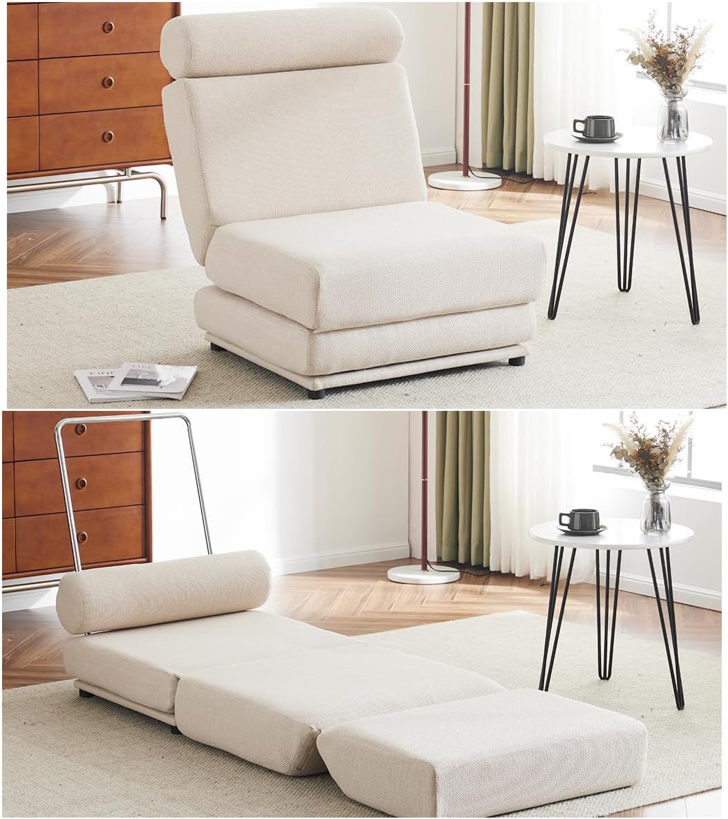 Foldable Linen Sofa Bed, Single Sofa Chair with Pillow, Cream White