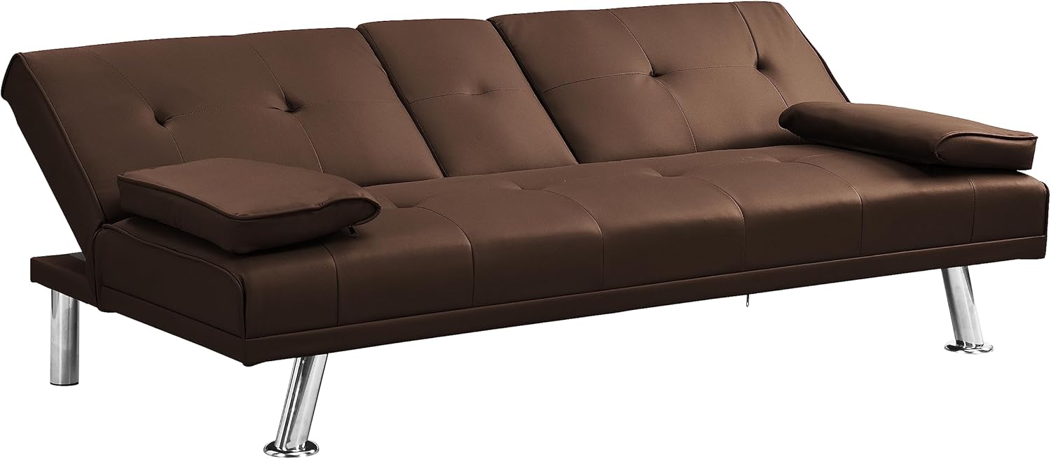 Modern Upholstered Convertible Folding Futon Sofa Bed, Convertible Sleeper Sofa, Couch, Loveseat with Metal Legs,2 Cupholders for Compact Living Space Living Room,Bedroom,Apartment (Beige)(Brown)