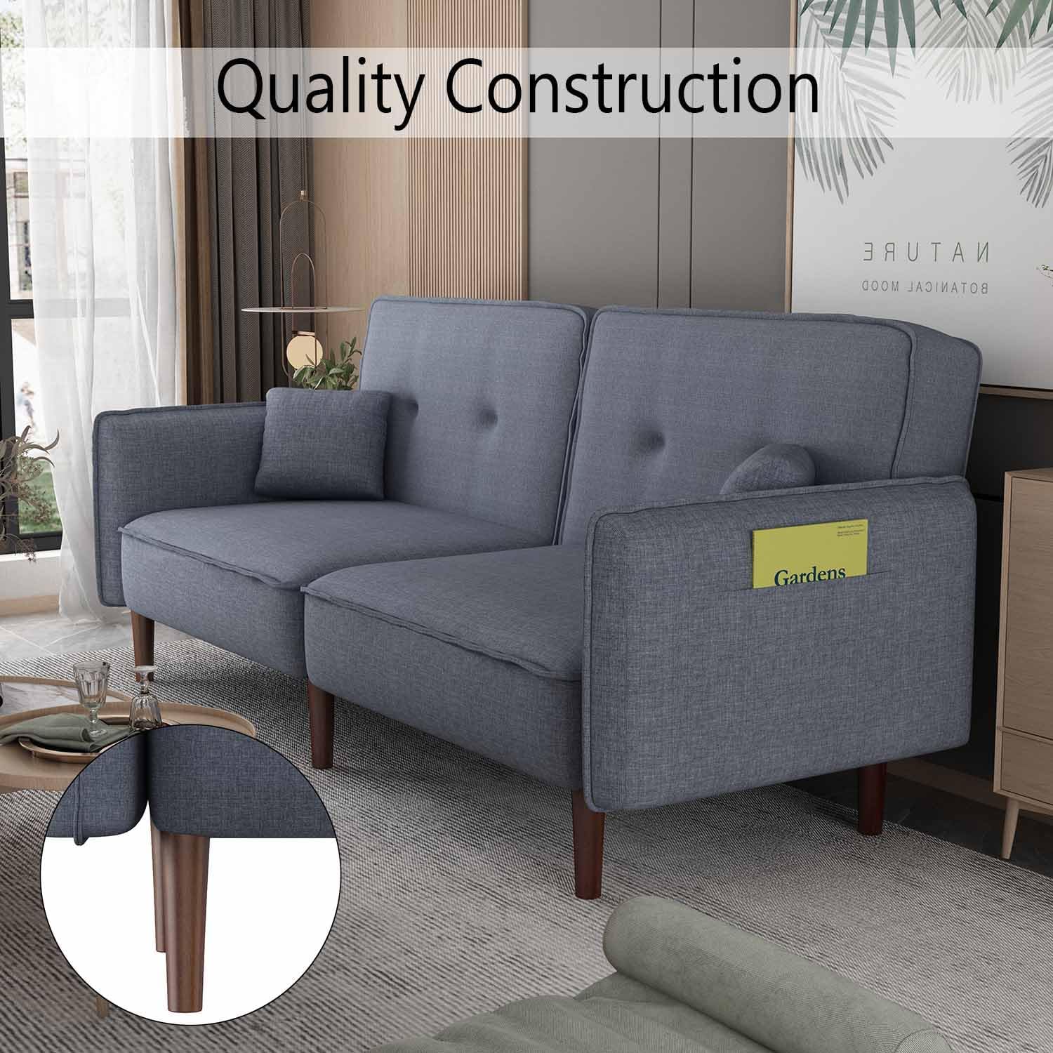 75” Futon Sofa Bed, Modern Sleeper Couch with Wood Legs/Magazine Bag, Folding Upholstered Recliner Sofa, Memory Foam Living Seat for Apartment/Office/Studio, Grey