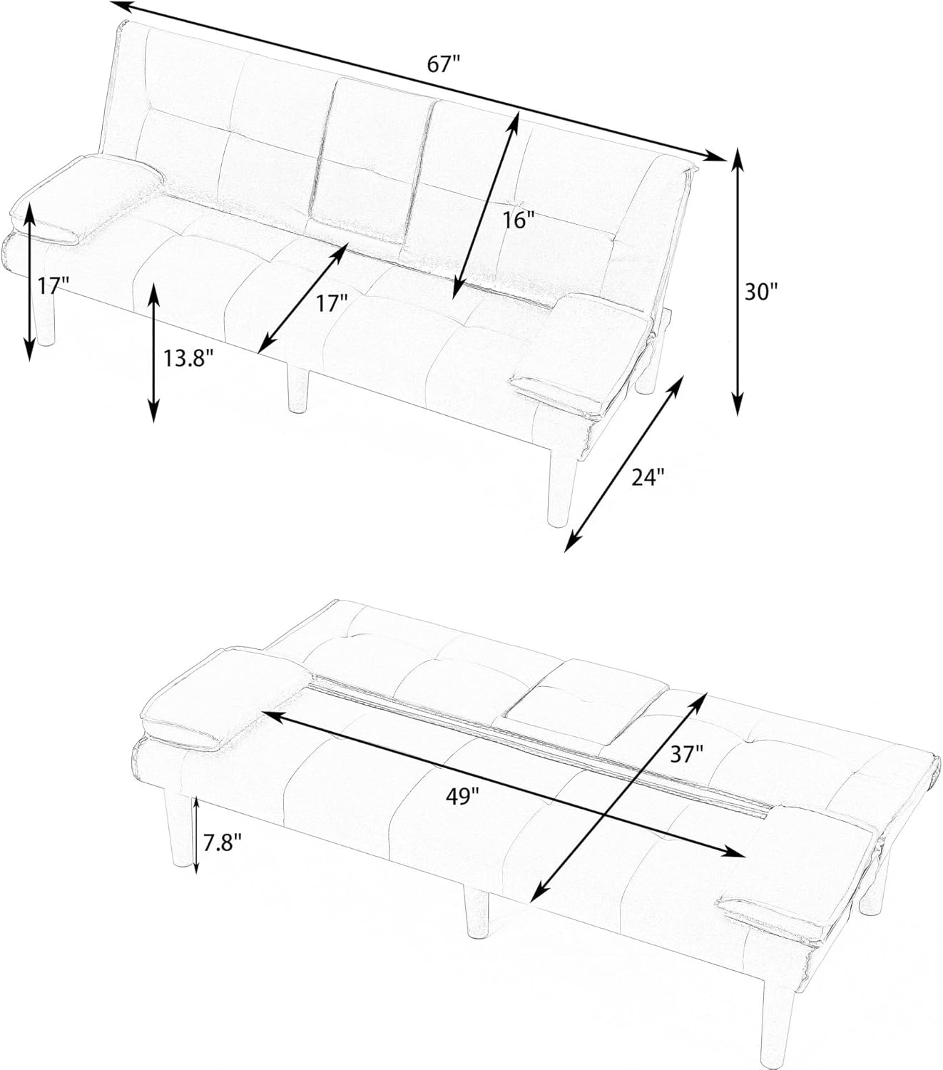 Modern Convertible Futon Sofa Bed, 3-Position Folding Couch with 2 Cup Holders & Detachable Armrests, PU Leather Multi-Functional Sleeper for Living Space, Workspace, Dormitory (Black)(Black)