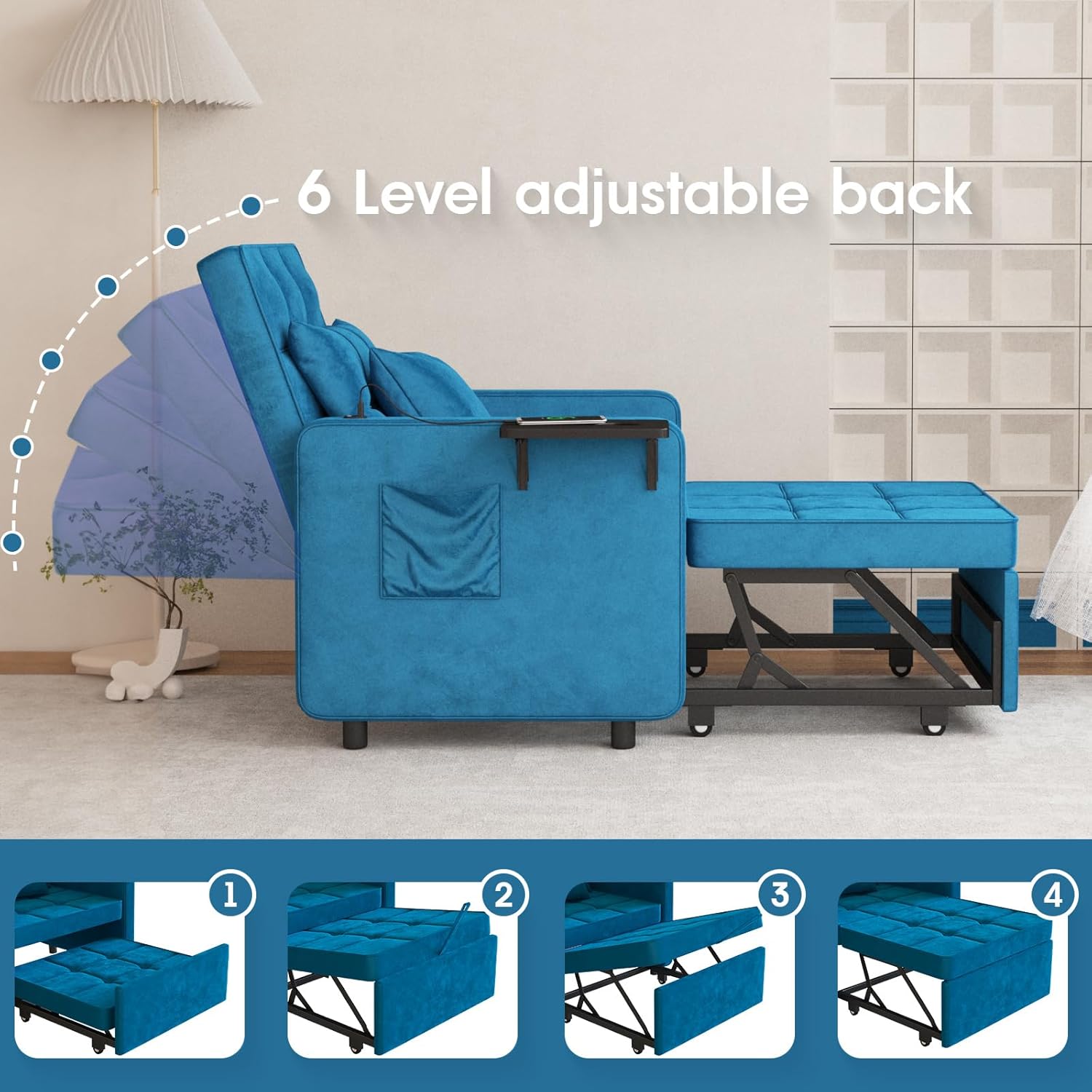 Vabches 3-in-1 Sofa Bed with Wing Table and USB Ports, Velvet Sleeper Chair with Adjustable Backrest, Easy Assembly, Blue(velvet,Blue)