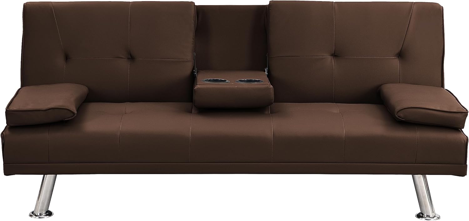 Modern Upholstered Convertible Folding Futon Sofa Bed, Convertible Sleeper Sofa, Couch, Loveseat with Metal Legs,2 Cupholders for Compact Living Space Living Room,Bedroom,Apartment (Beige)(Brown)