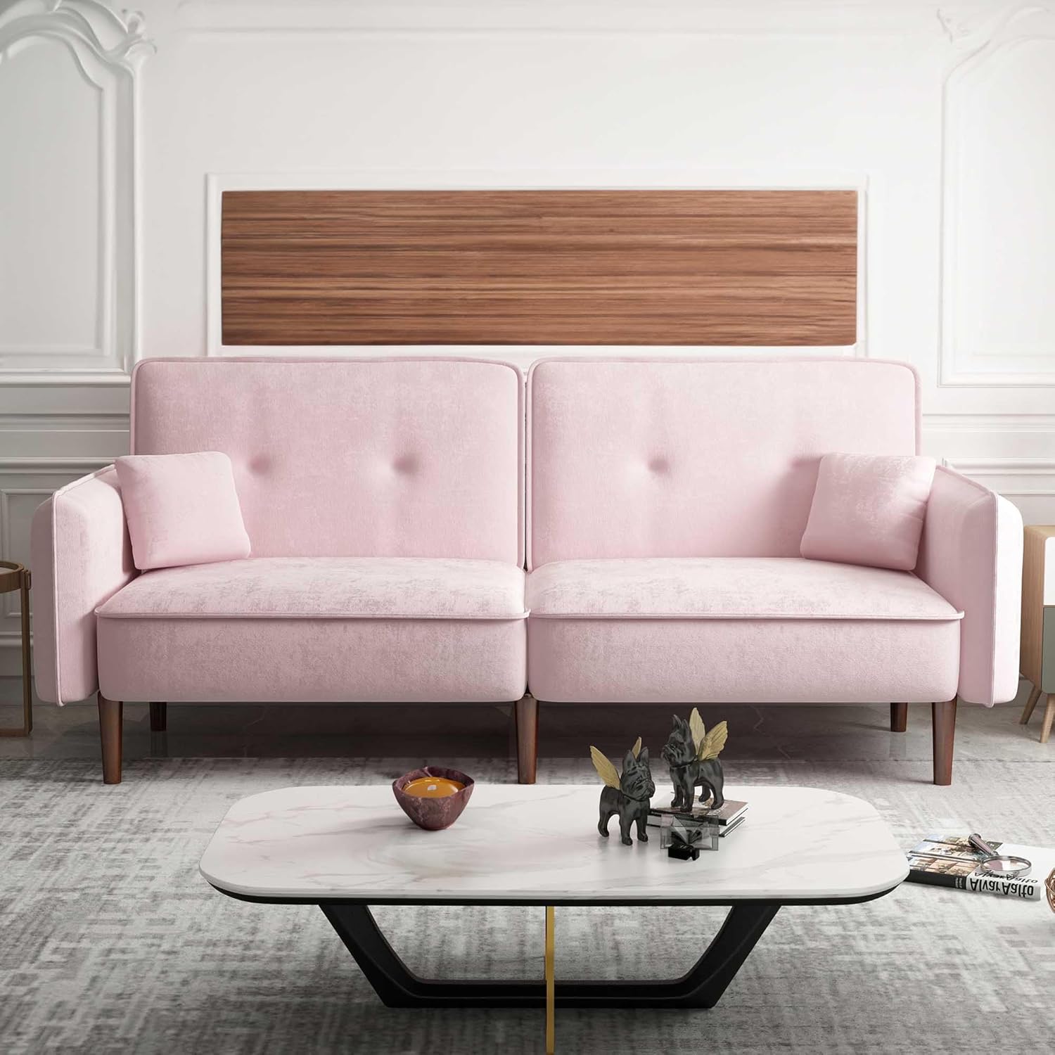 75”Loveseat Futon, Convertible Velvet Sofa Bed, Modern Sleeper Couch with Wood Legs, Folding Upholstered Recliner Sofa, Memory Foam Living Seat for Apartment/Office (Pink)