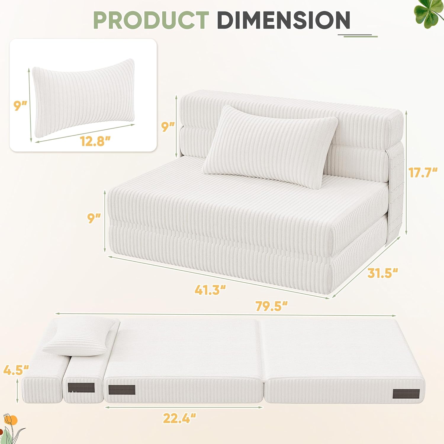 Homall Folding Sofa Bed, Floor Couch Convertible Sleeper Chair with Pillow, Comfy Futon Lounge Sofas, Portable Fold Out Chair Bed for Living Room, Small Space (Corduroy, Grey)(Cream)