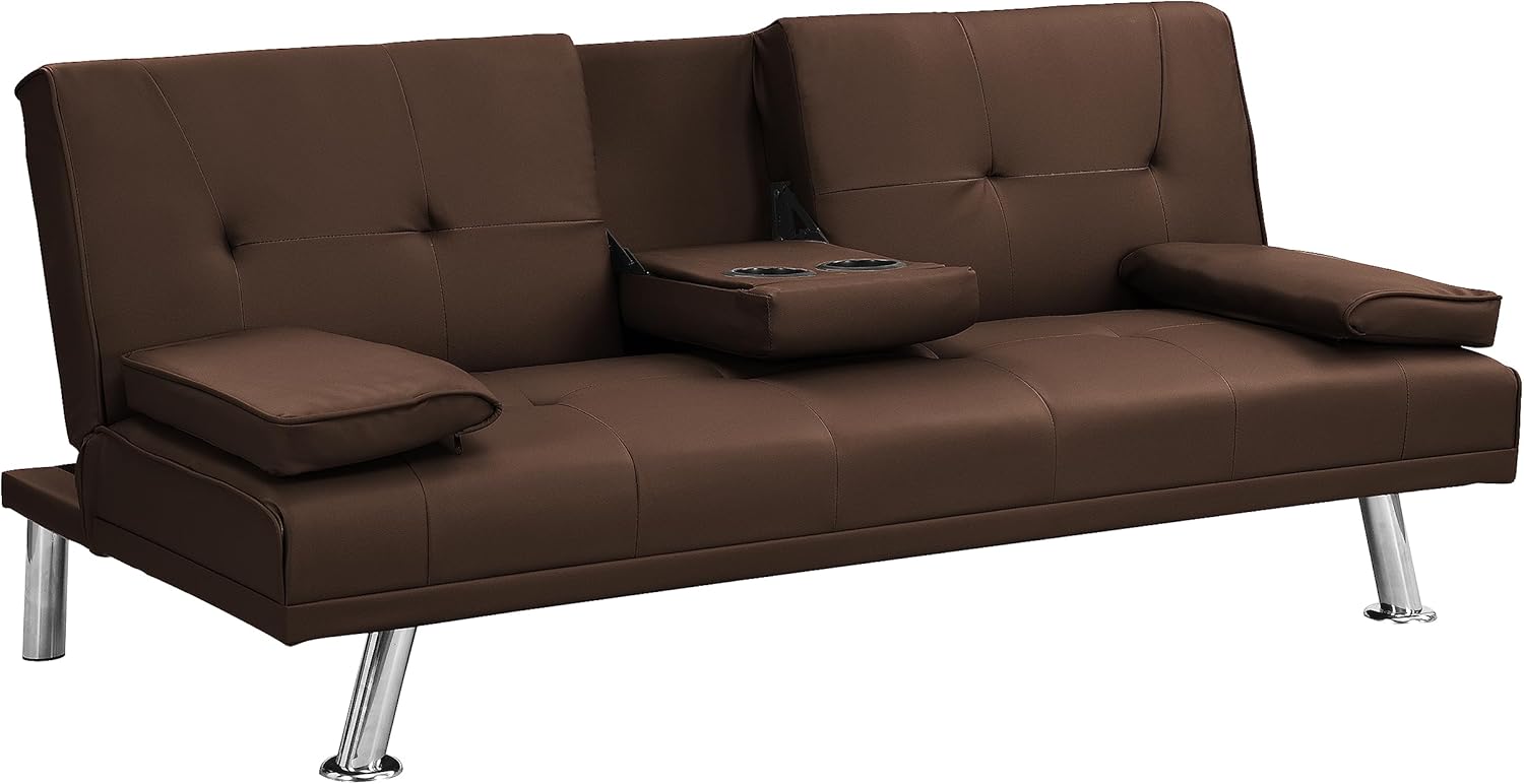 Modern Upholstered Convertible Folding Futon Sofa Bed, Convertible Sleeper Sofa, Couch, Loveseat with Metal Legs,2 Cupholders for Compact Living Space Living Room,Bedroom,Apartment (Beige)(Brown)