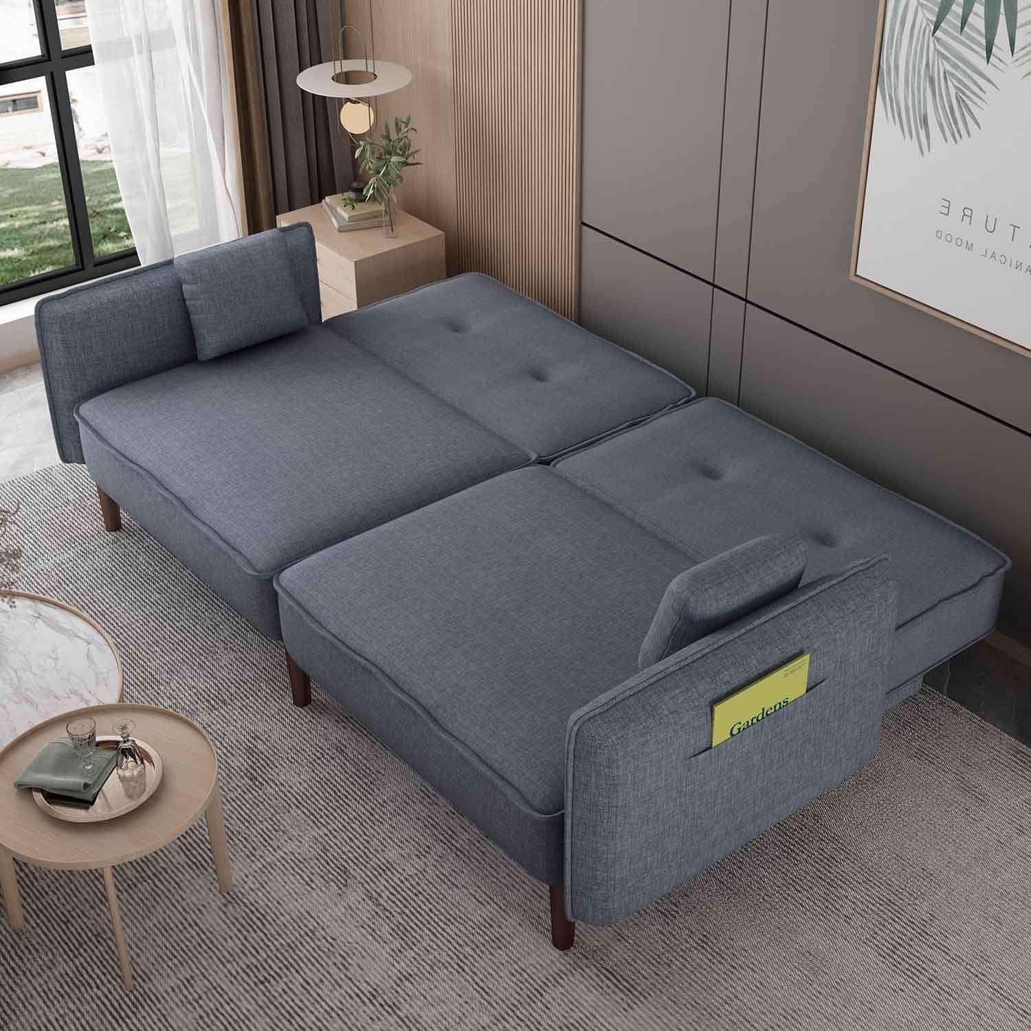 75” Futon Sofa Bed, Modern Sleeper Couch with Wood Legs/Magazine Bag, Folding Upholstered Recliner Sofa, Memory Foam Living Seat for Apartment/Office/Studio, Grey