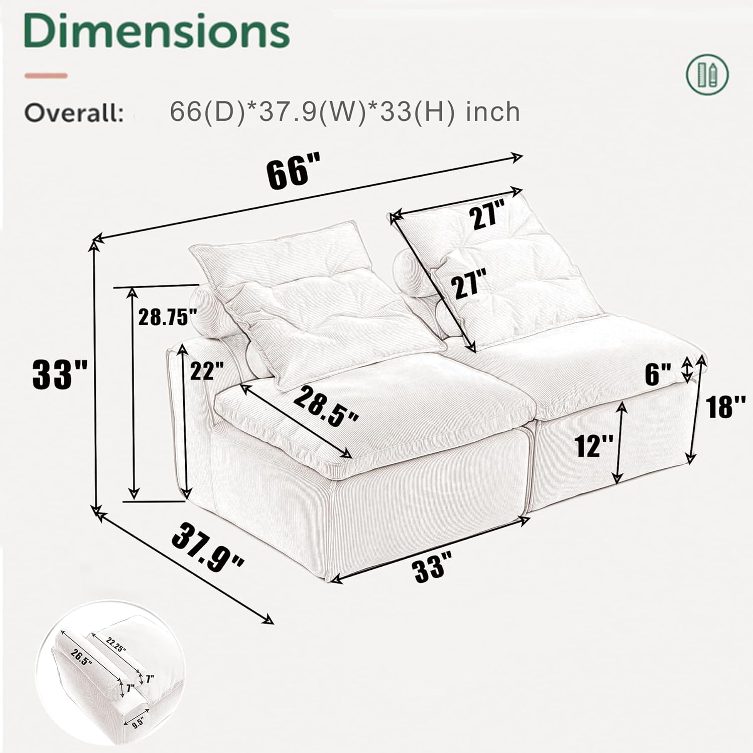 89" Sleeper Chair, Convertible Chair Bed with 4 Pillows, Modular Folding Sofa Bed with Corduroy Fabric,Single Sofa Bed for Bedroom,Living Room,Office,DIY Design,Aimless,No Installation