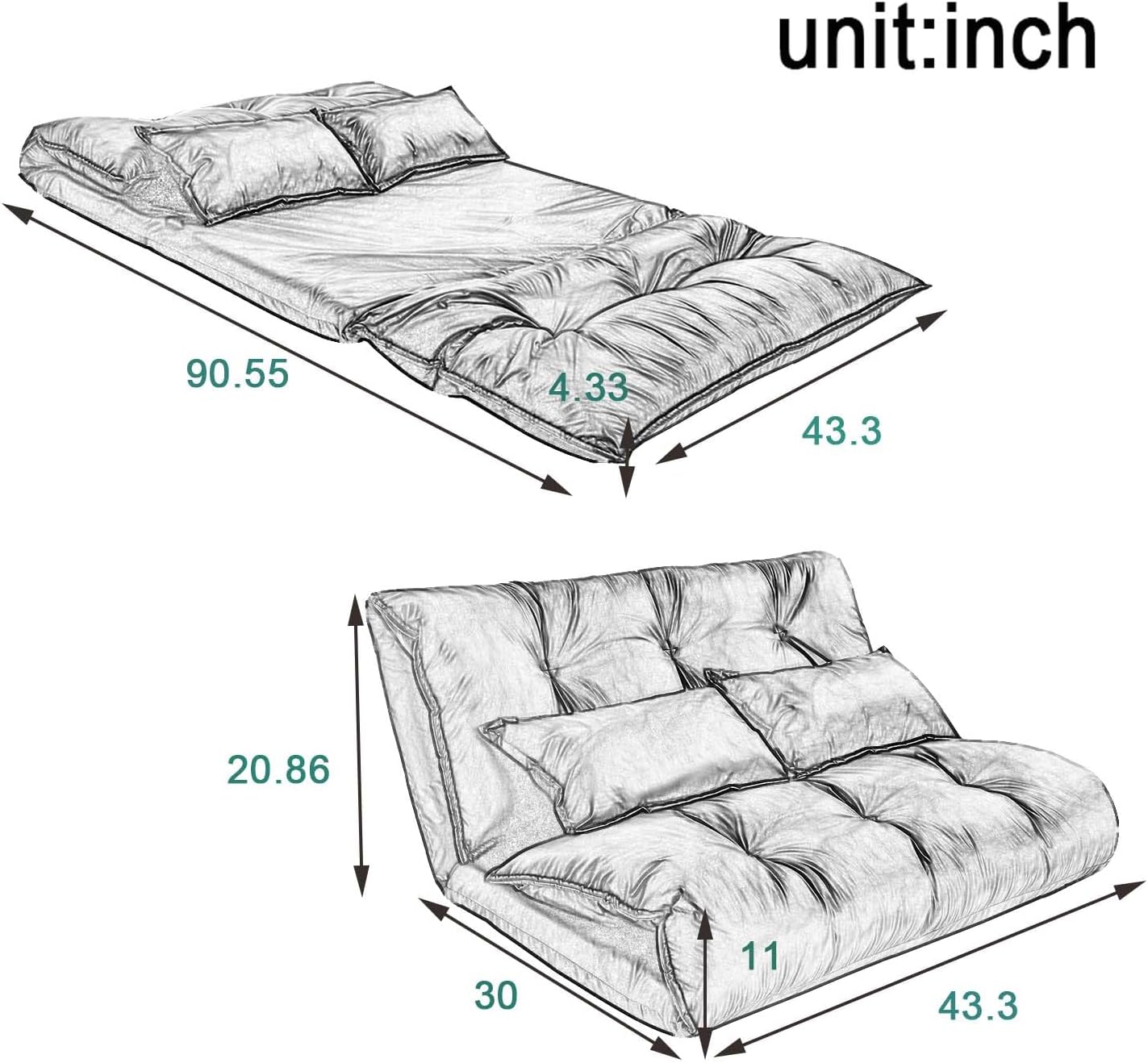 Floor Sofa Bed with 2 Pillows, Adjustable Lazy Sofa, Folding Futon Couch, Video Gaming Sofa for Bedroom/Living Room/Balcony, Lounge Couch Bed, 5 Reclining Position (Red)(Beige)