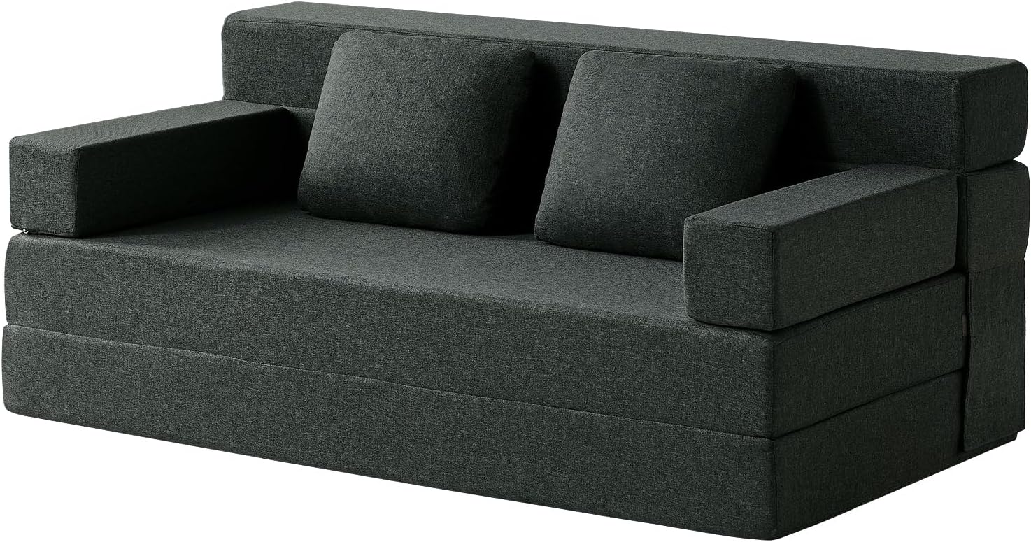 FILUXE Convertible Folding Sofa Bed - Sleeper Chair with Pillow, Modern Linen Fabric Floor & Futon Couch, Foldable Mattress for Living Room/Dorm/Guest Use/Home Office/Apartment, Single Size, Dark Gray