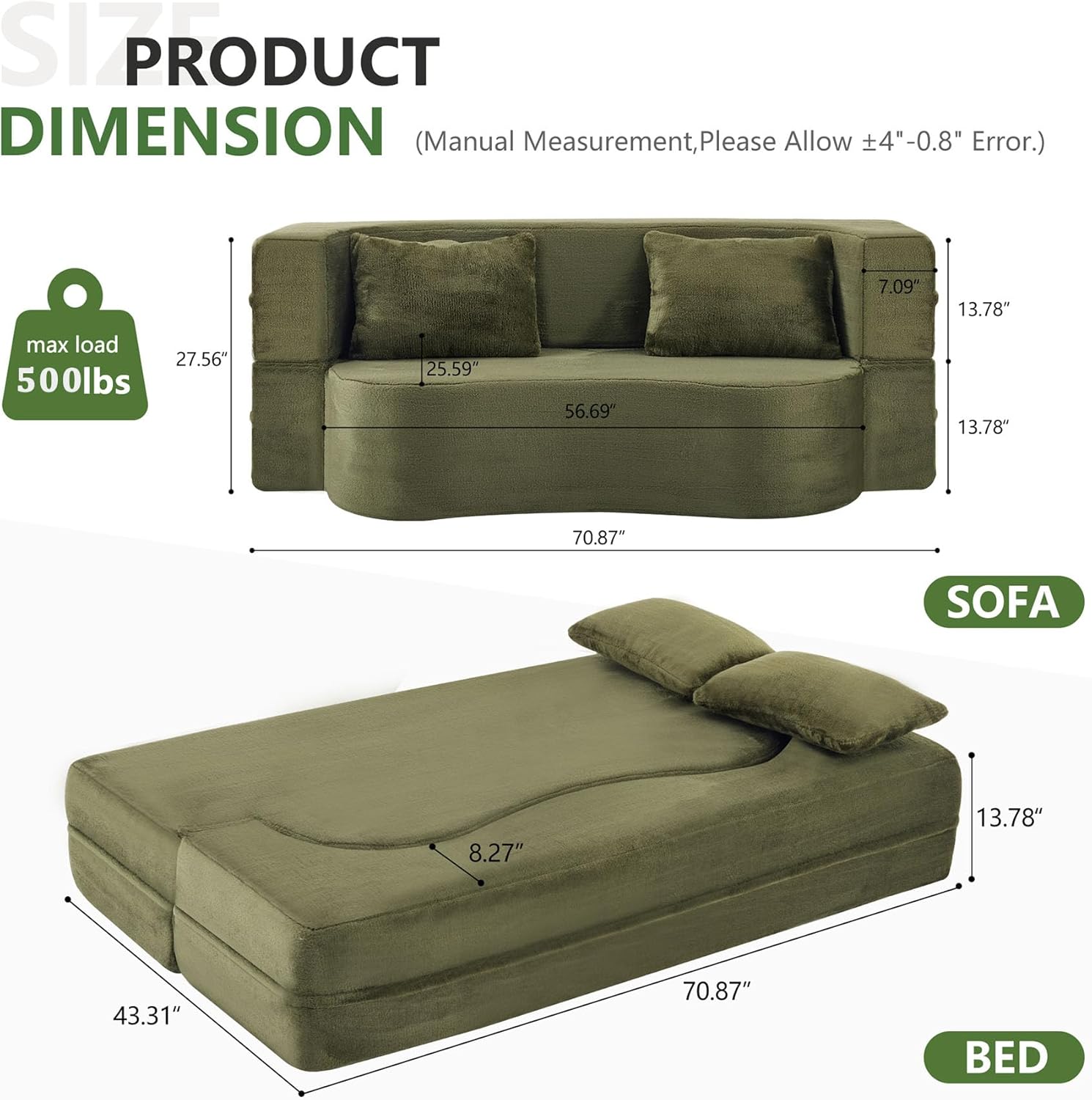 Pink Convertible Folding Sofa Bed, 71" Convertable Foldable Floor Sofa Bed & Boneless Loveseat Couch with High-Density Foam for Living Room Bedroom, No Assembly Required (Pink)(Green)