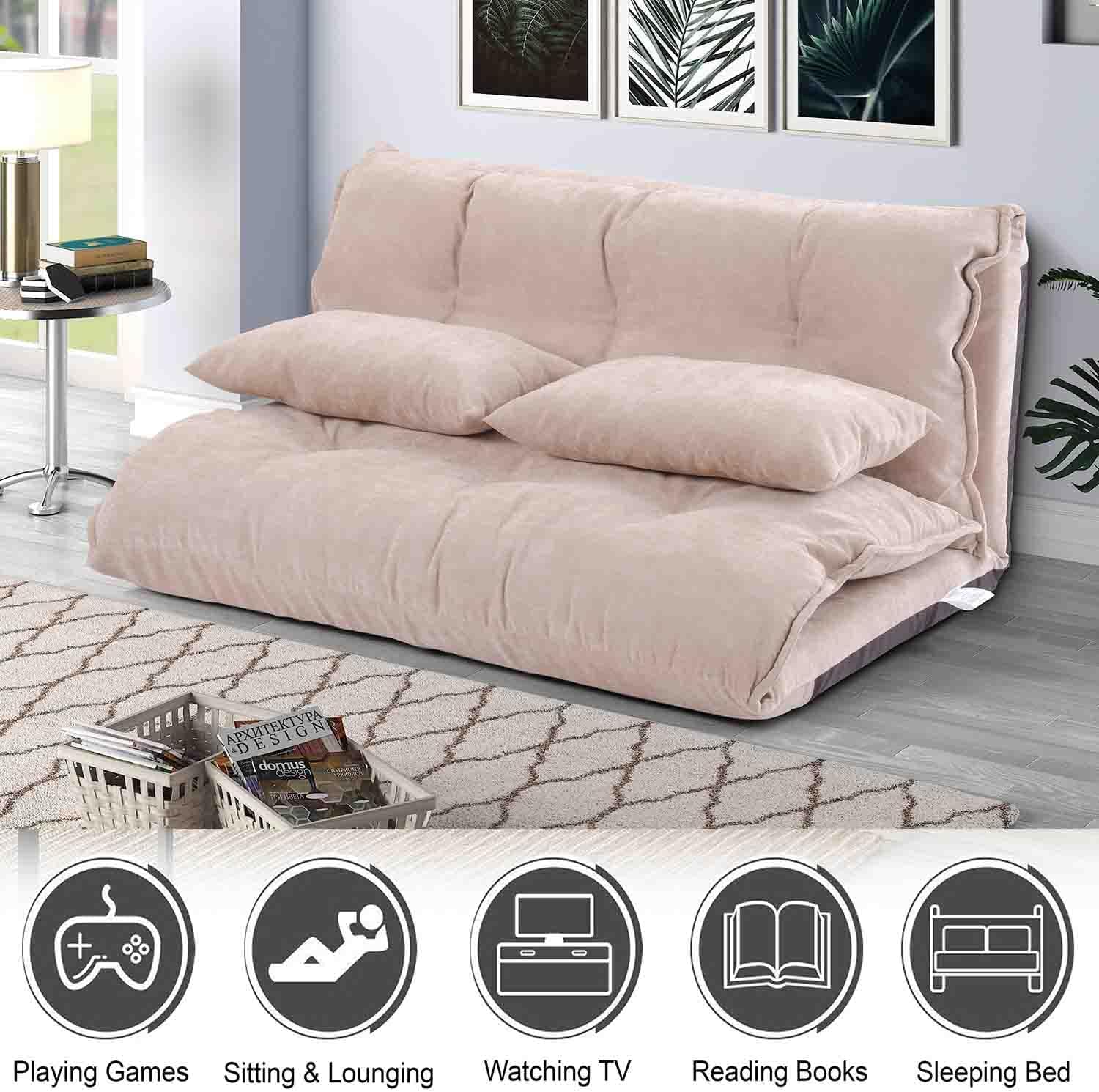 Floor Sofa Bed with 2 Pillows, Adjustable Lazy Sofa, Folding Futon Couch, Video Gaming Sofa for Bedroom/Living Room/Balcony, Lounge Couch Bed, 5 Reclining Position (Red)(Beige)