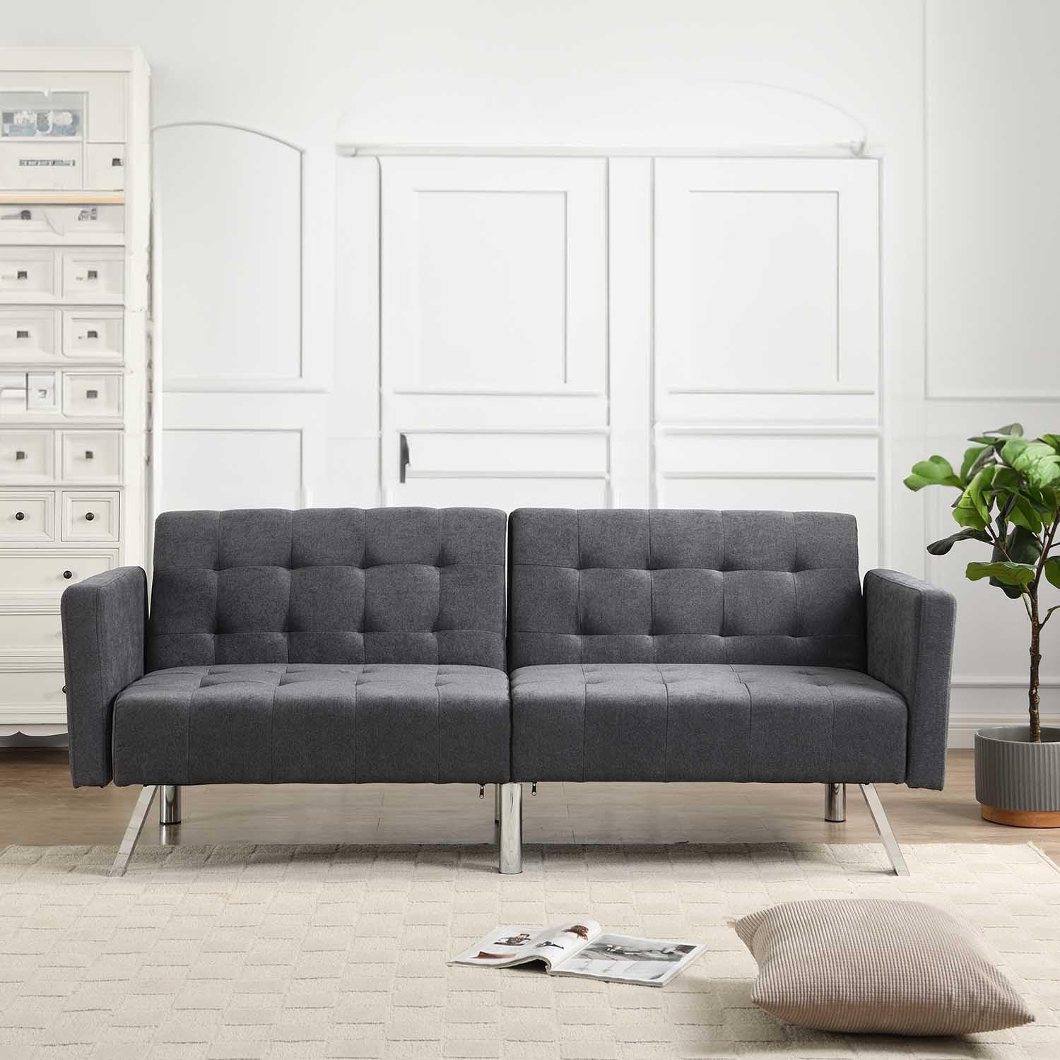 75” Modern Futon Sofa Bed, Convertible Sleeper Couch with Metal Legs/Armrests/Pillows, Folding Upholstered Loveseat, Lounge Sofa, Memory Foam Living Seat for Small Space/Office (Light Grey)(Dark Gray)