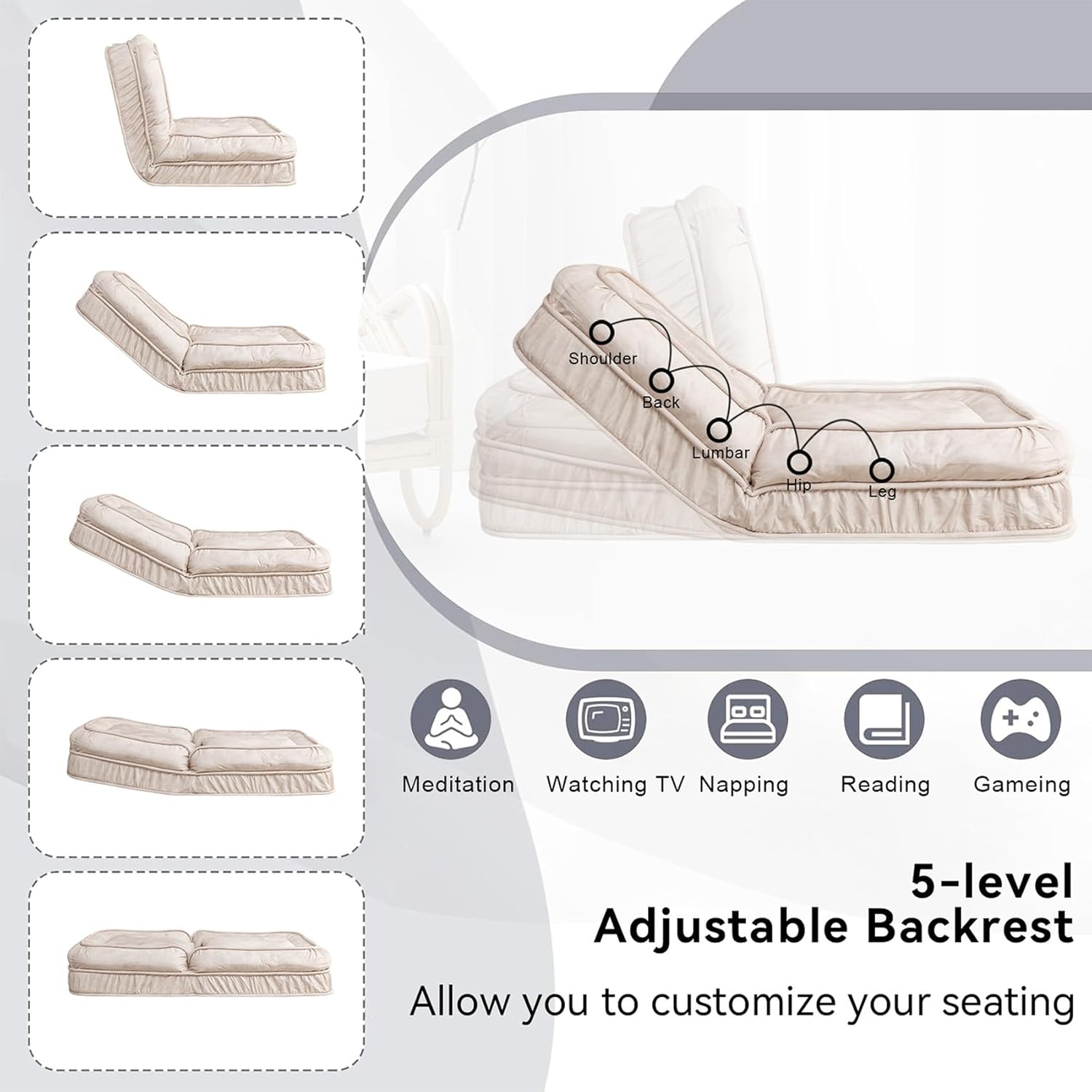 Upholstered Human Dog Bed, Bean Bag Floor Sofa with Massage Pillow and 2 Soft Pillows, Sleeper Sofa with 5 Position Adjustable Backrest, Cloud Couch for Living Room, Bedroom, Adults, Pets