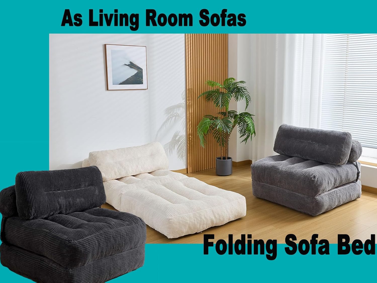 Folding Sofa Bed, Convertible Sleeper Chair Couch Bed Faux Rabbit Fur for Adults, with Back Support Floor Couch Comfy Floor Sofa for Living Room Bedroom, Black, Single(Black,Single)