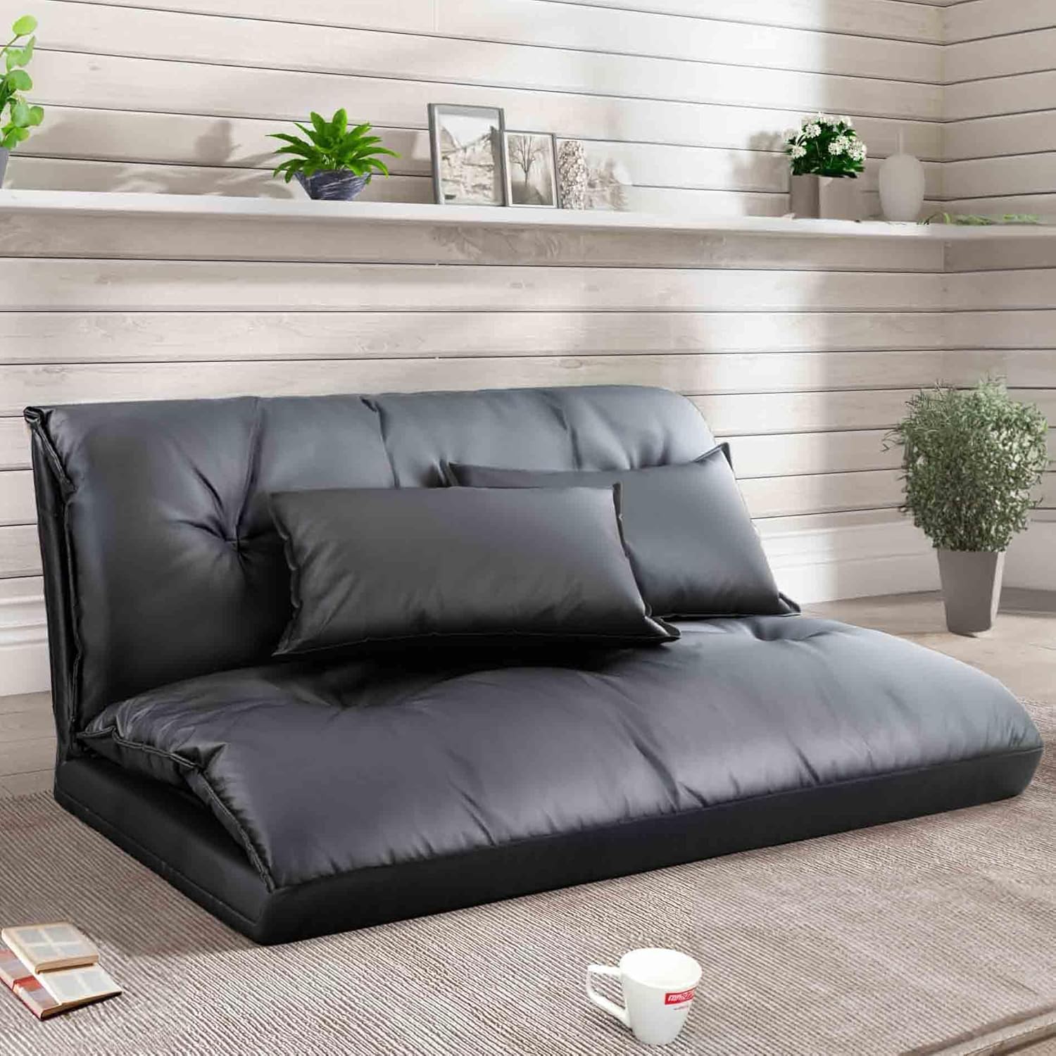 Lazy Sofa with 2 Pillows, Floor Sofa Bed with Adjustable Backrest, Folding Futon Sofa for Reading Gaming Small Spaces Apartment Balcony, Leisure Chaise Lounge Couch Bed (Blue)(Black)