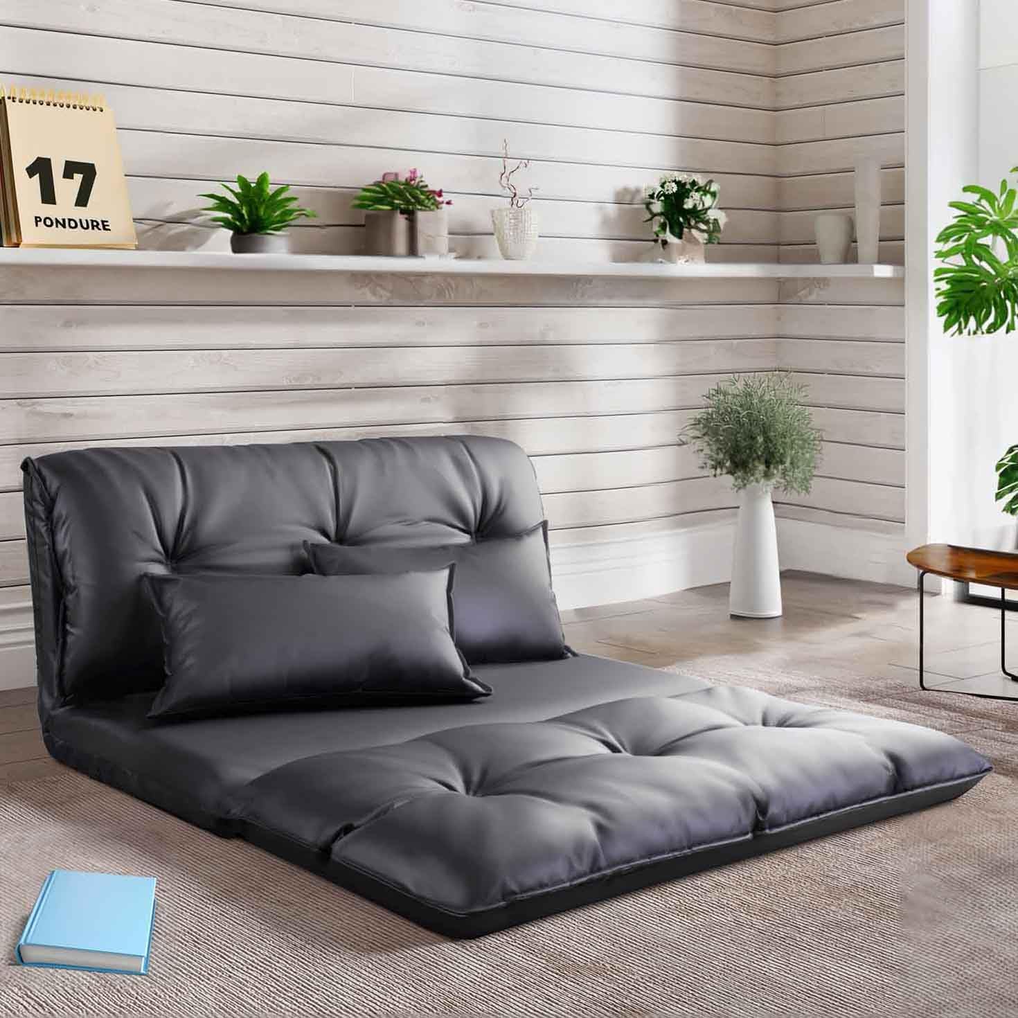 Lazy Sofa with 2 Pillows, Floor Sofa Bed with Adjustable Backrest, Folding Futon Sofa for Reading Gaming Small Spaces Apartment Balcony, Leisure Chaise Lounge Couch Bed (Blue)