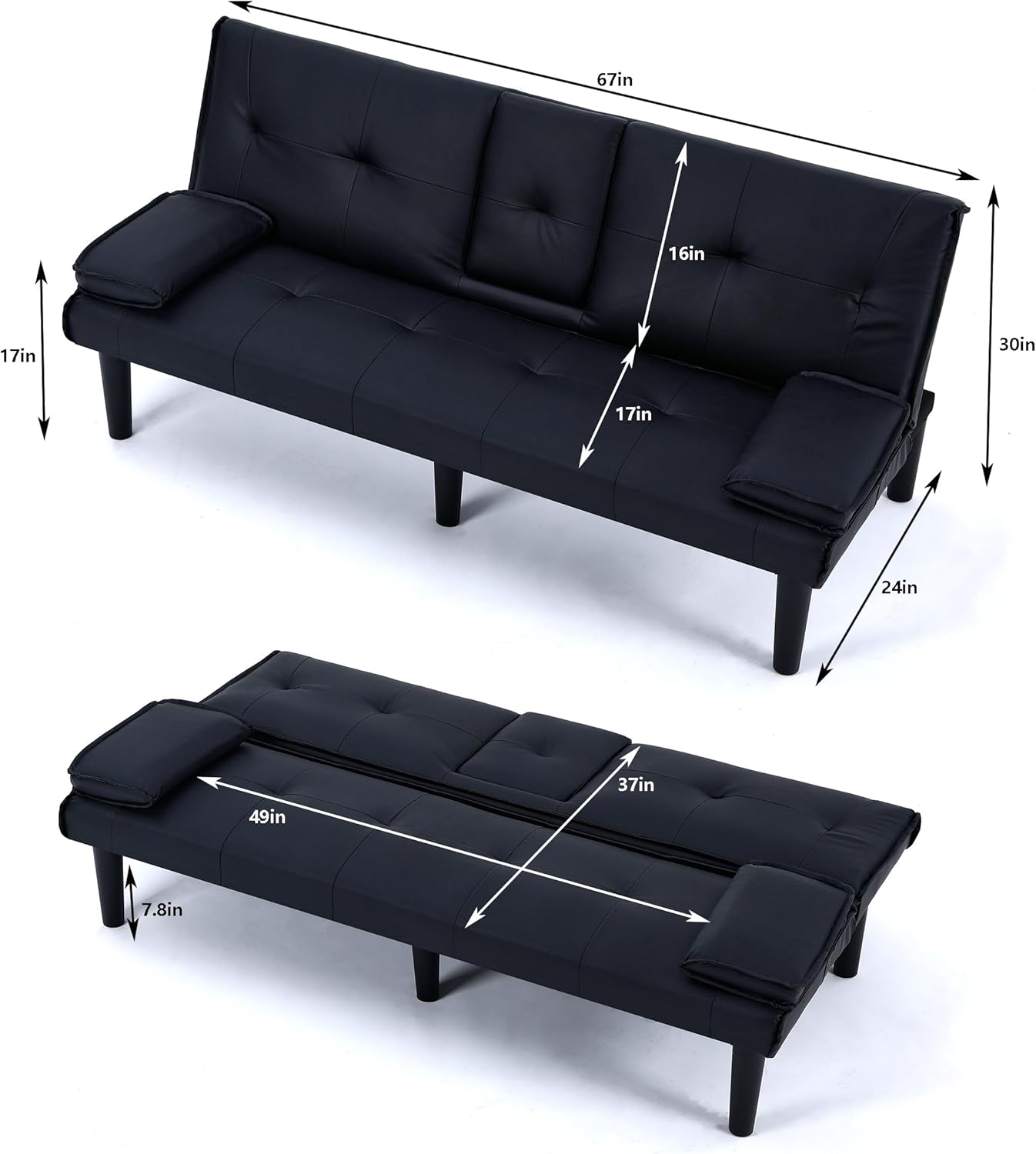 Futon Sofa Bed, Modern PU Leather Sleeper Couch, Convertible Couch Bed with Foldable and Cup Holder Design, Folding Recliner for Living Rooms, Apartments, Small Spaces, Easy to Clean (Black)(Black)