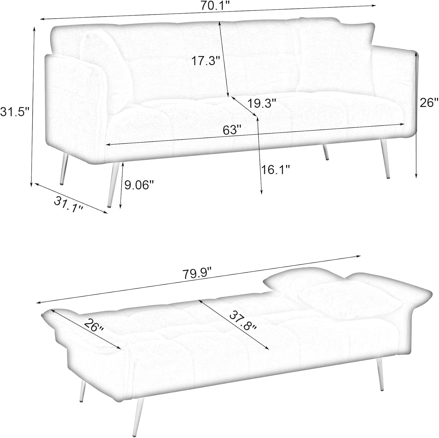 Futon Sofa Bed, 70 inch Convertible Velvet Futon Couch with Folding Armrests, Modern Sleeper Sofa Adjustable Backrest for Small Spaces, Living Room, Office (Beige)(Beige)