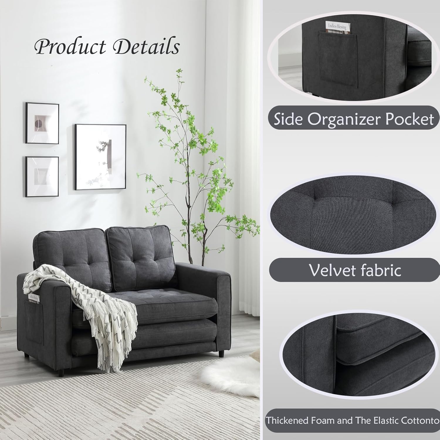 Tri-Folding Sofa Bed with Thickened Foam and Resilient Cotton, Queen-Size Pull-Out Couch with Side Pocket and Backrests for Guest Room, Small Room, Living Room, Velvety Fabrics