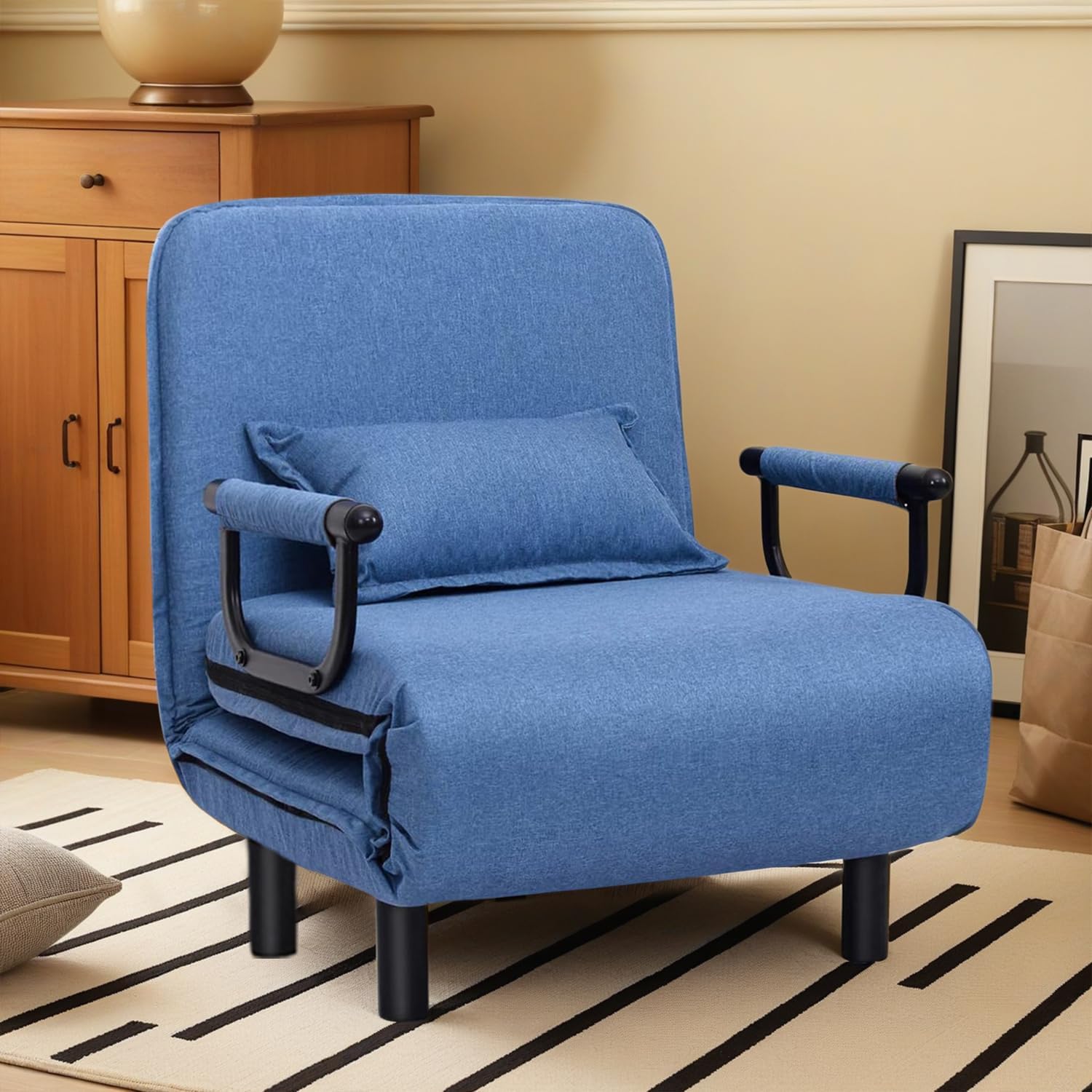 Convertible Sleeper Chair, Folding Chair Bed with Armrests for Adults, Blue Linen Single Lazy Sofa with Pillow for Living Room, Office, Bedroom, Lounge