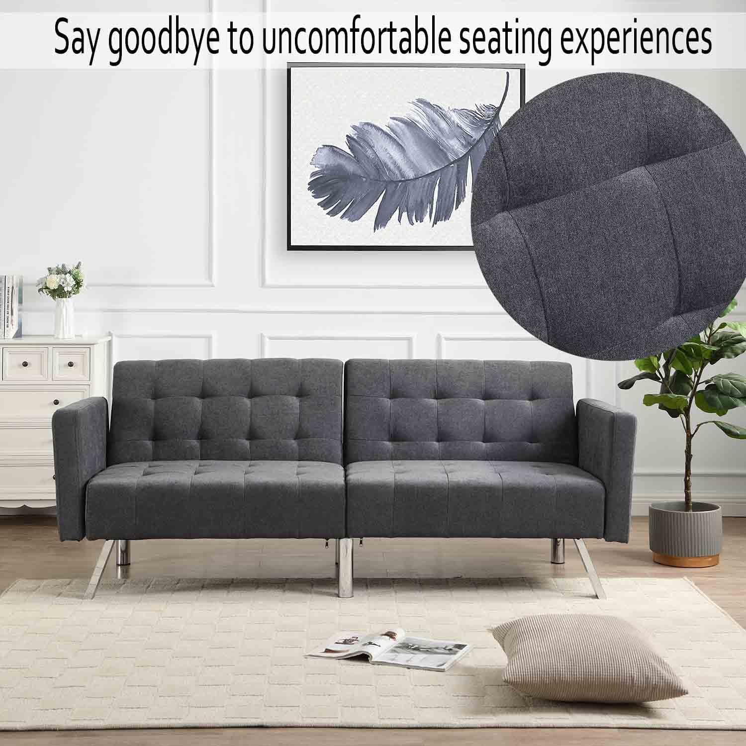 75” Modern Futon Sofa Bed, Convertible Sleeper Couch with Metal Legs/Armrests/Pillows, Folding Upholstered Loveseat, Lounge Sofa, Memory Foam Living Seat for Small Space/Office (Light Grey)(Dark Gray)