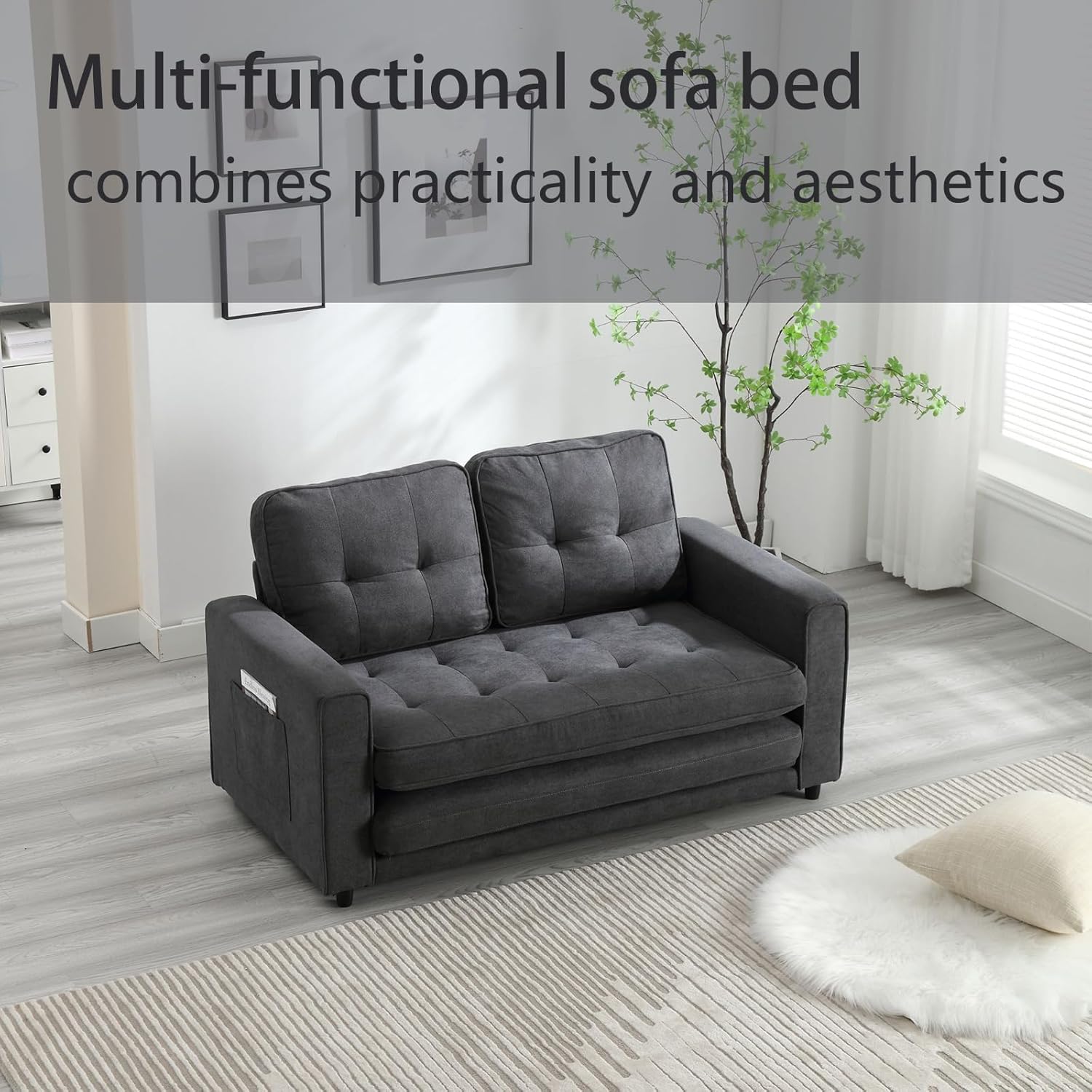 Tri-Folding Sofa Bed with Thickened Foam and Resilient Cotton, Queen-Size Pull-Out Couch with Side Pocket and Backrests for Guest Room, Small Room, Living Room, Velvety Fabrics