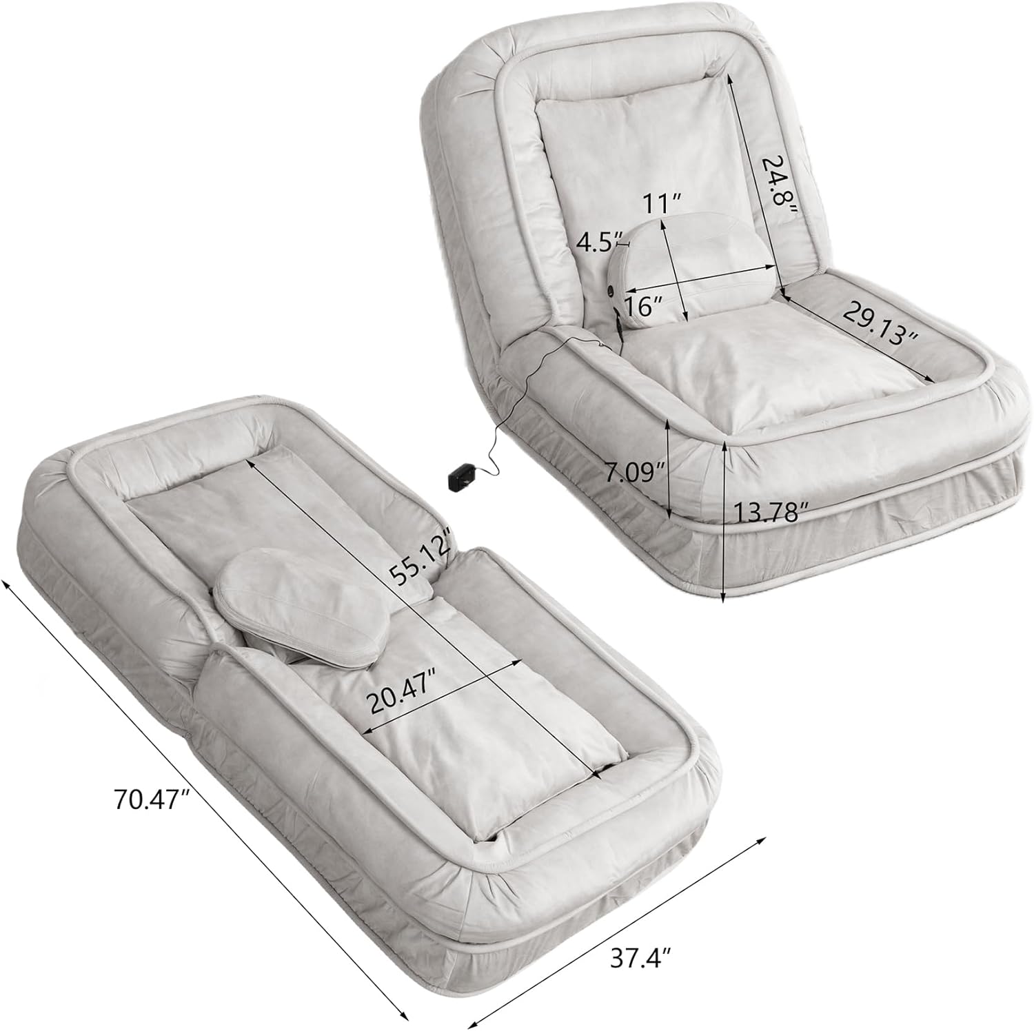 Upholstered Human Dog Bed, Bean Bag Floor Sofa with Massage Pillow and 2 Soft Pillows, Sleeper Sofa with 5 Position Adjustable Backrest, Cloud Couch for Living Room, Bedroom, Adults, Pets