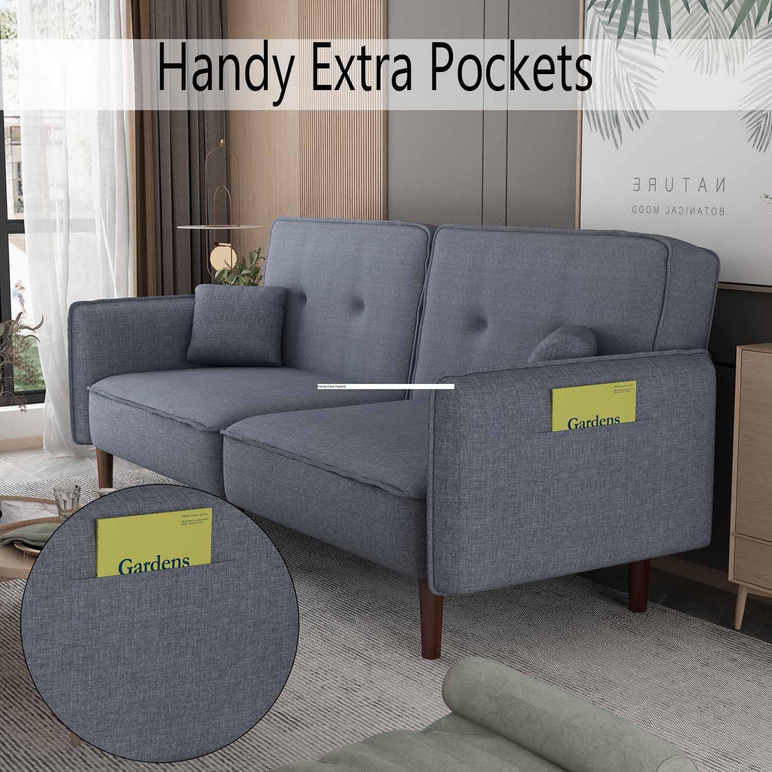 75” Futon Sofa Bed, Modern Sleeper Couch with Wood Legs/Magazine Bag, Folding Upholstered Recliner Sofa, Memory Foam Living Seat for Apartment/Office/Studio, Grey