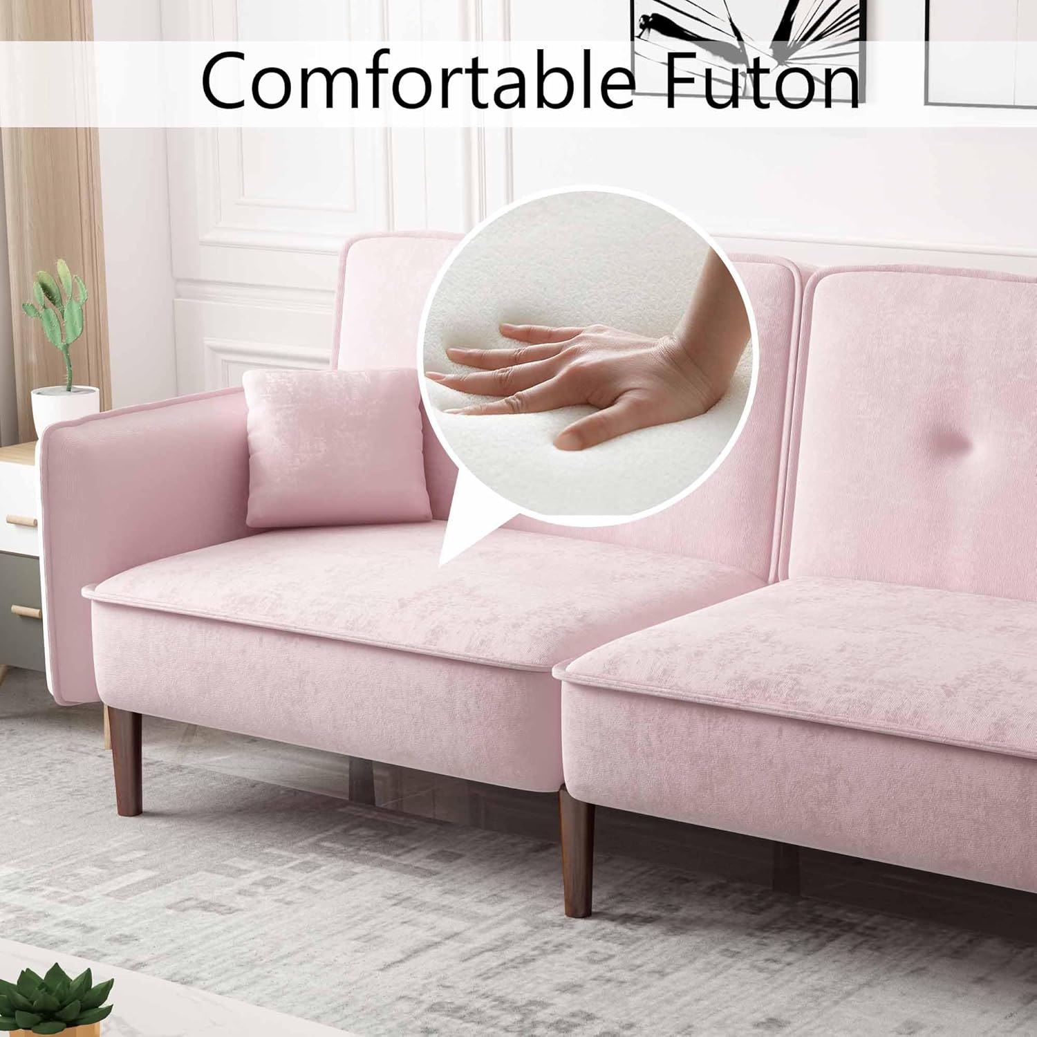 75”Loveseat Futon, Convertible Velvet Sofa Bed, Modern Sleeper Couch with Wood Legs, Folding Upholstered Recliner Sofa, Memory Foam Living Seat for Apartment/Office (Pink)(Pink)