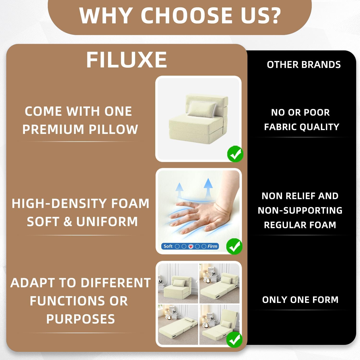 FILUXE Convertible Folding Sofa Bed - Sleeper Chair with Pillow, Modern Linen Fabric Floor & Futon Couch, Foldable Mattress for Living Room/Dorm/Guest Use/Home Office/Apartment, Single Size, Dark Gray(Cream,Single)