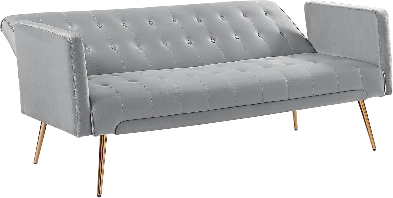 72" Velvet Futon Sofa Bed,Convertible Folding Sleeper Couch Bed,Modern Tufted Recliner Loveseat with Golden Chrome Legs for Small Living Spaces,Bedroom Dorms Office (Grey)