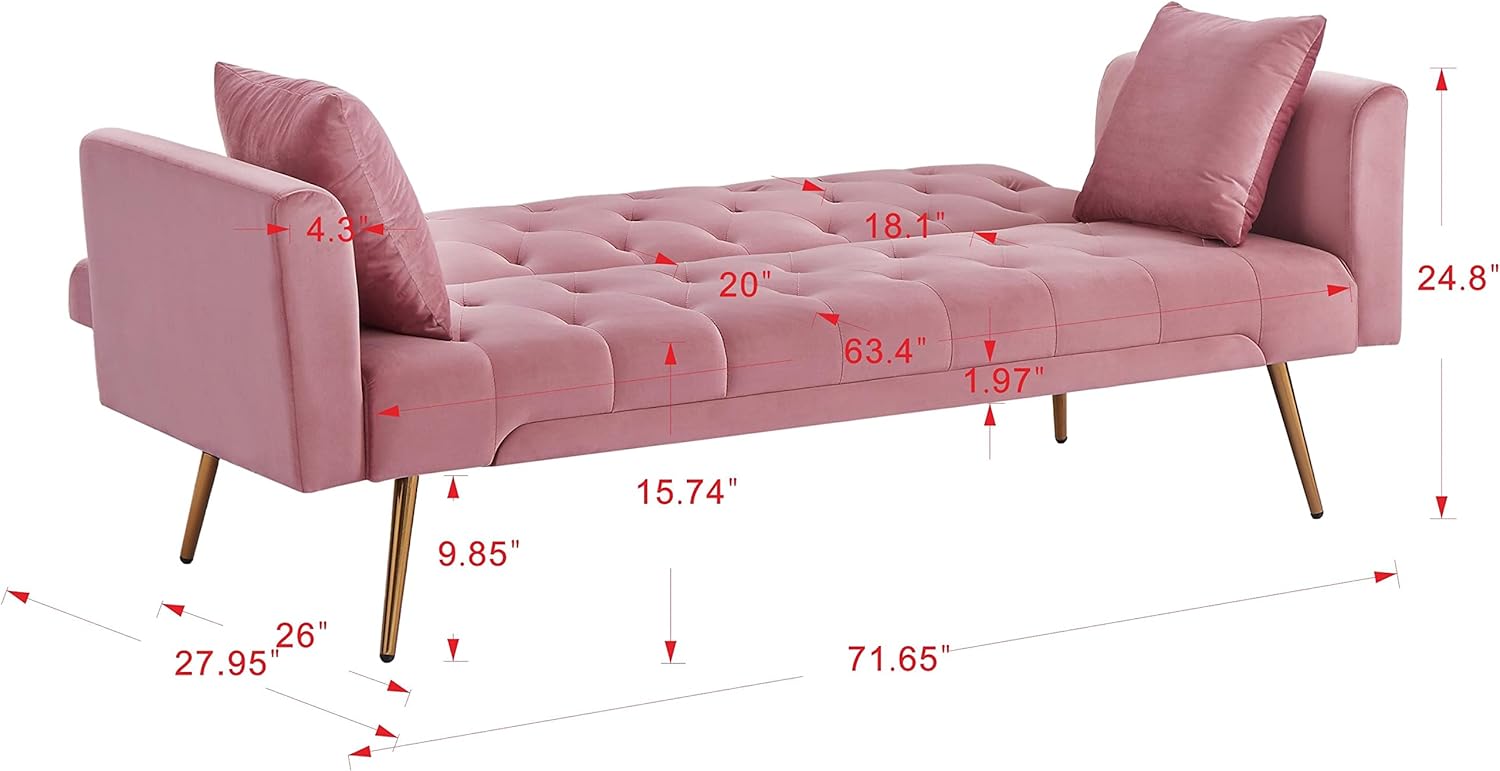 72" Velvet Futon Sofa Bed,Convertible Folding Sleeper Couch Bed,Modern Tufted Recliner Loveseat with Golden Chrome Legs for Small Living Spaces,Bedroom Dorms Office (Pink+Pillows)