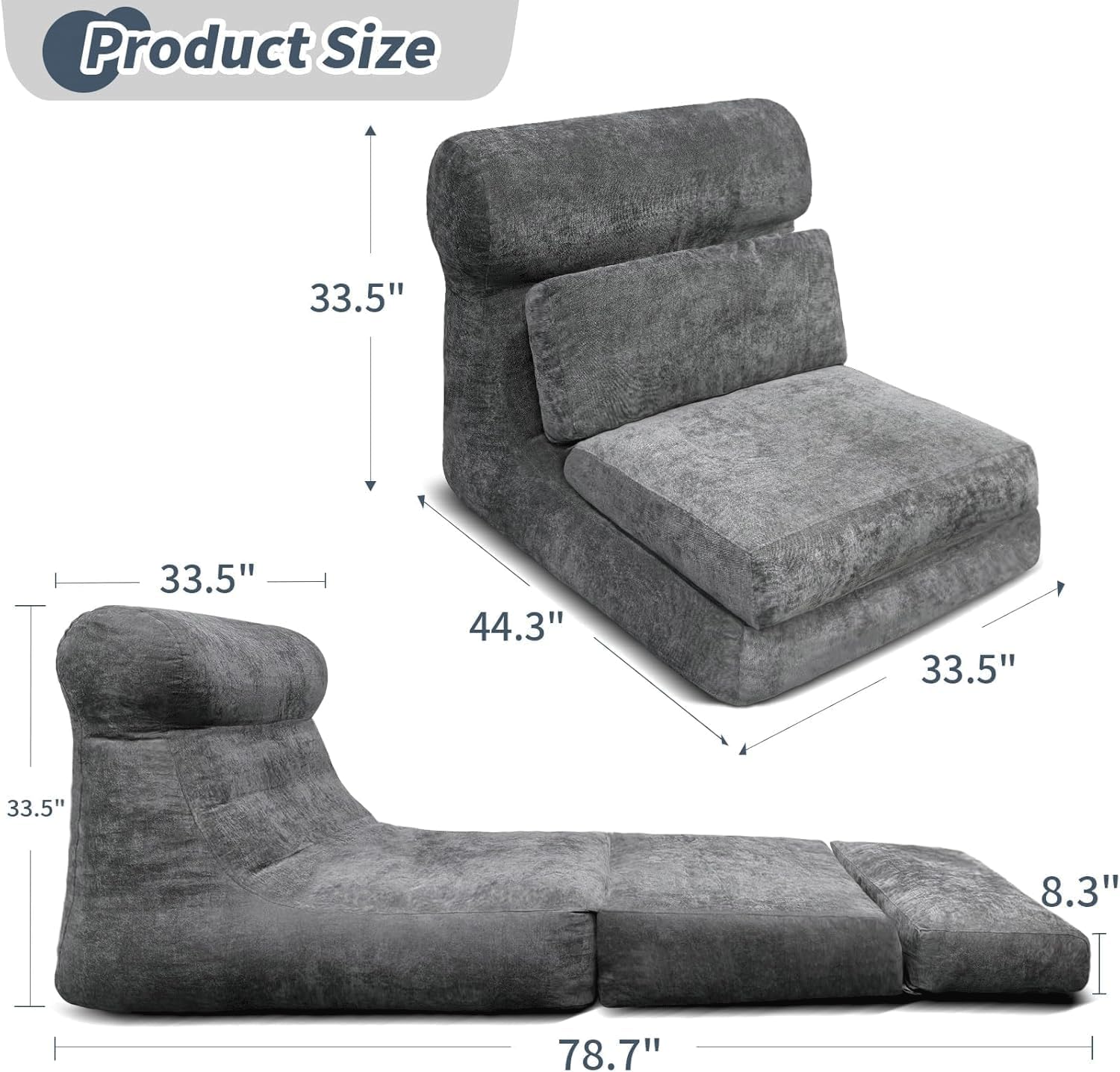 Folding Sofa Bed, Floor Couch for Adults Chair Bed, Convertible Sleeper Chair with Back Support Washable Cover, Deep Seat Sleeper Couch for Living Room