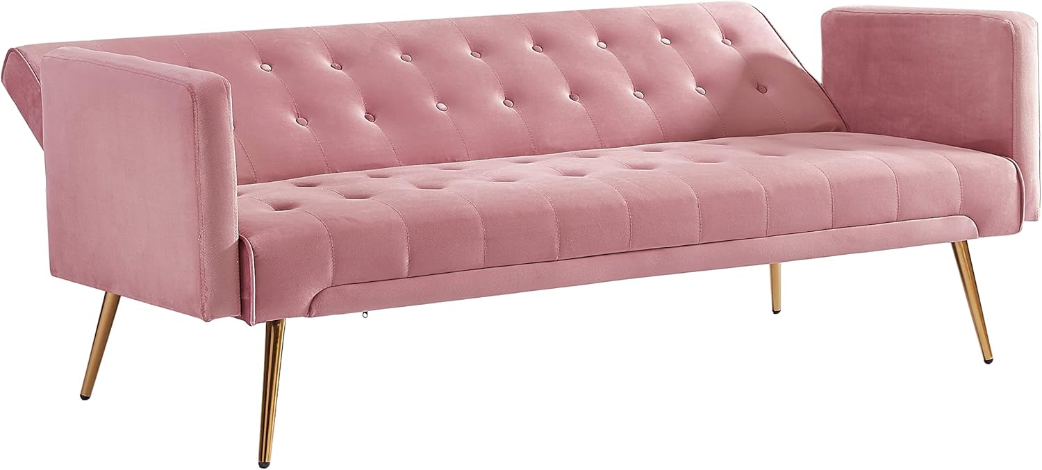 72" Velvet Futon Sofa Bed,Convertible Folding Sleeper Couch Bed,Modern Tufted Recliner Loveseat with Golden Chrome Legs for Small Living Spaces,Bedroom Dorms Office (Pink)