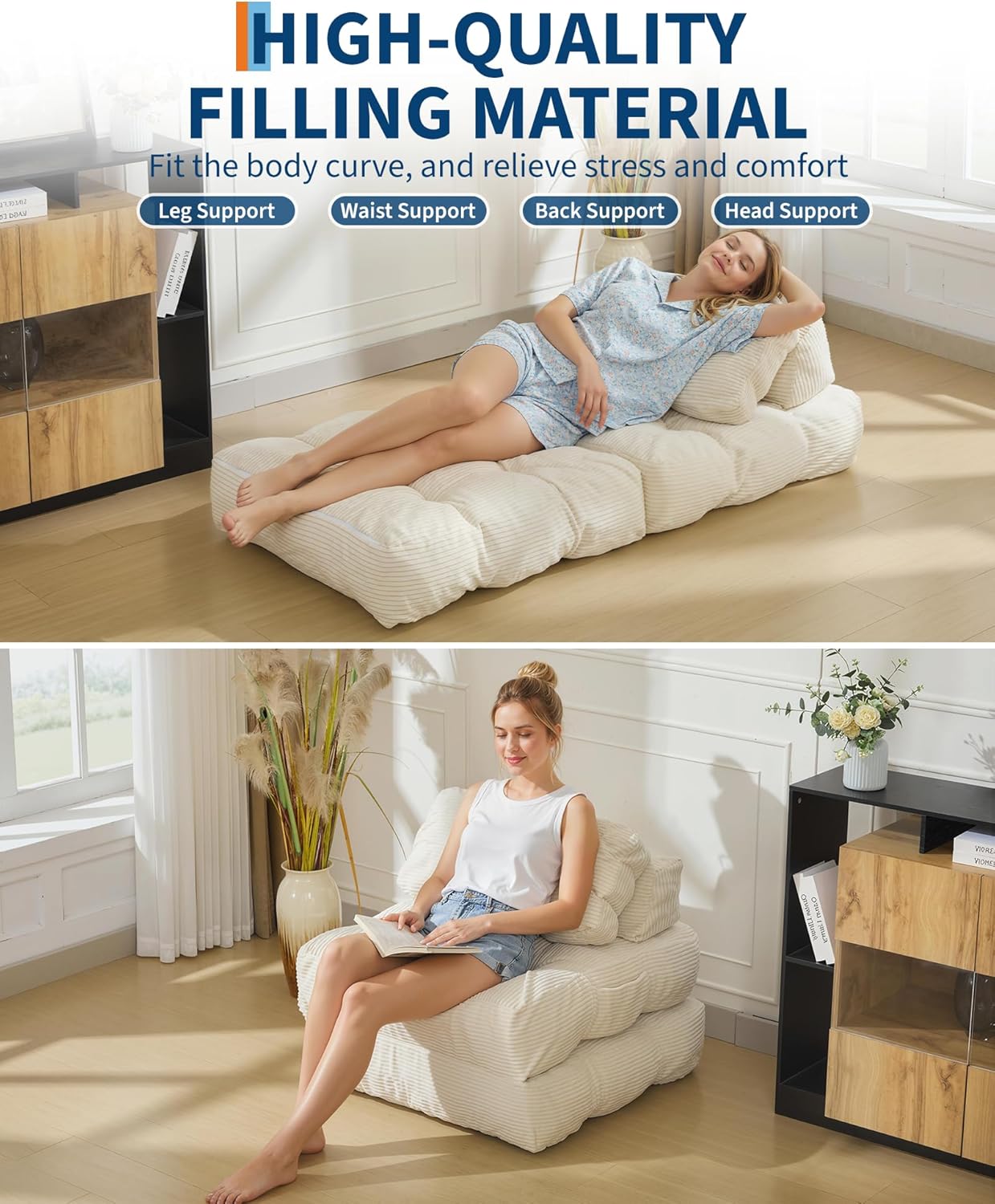 Folding Sofa Bed,Convertible Sleeper Chair with Pillow, Portable Foldable Chair and Mattress, Sleeper Chairs Single Size,Portable Lazy Floor Sofa Lounger for Small Spaces&Easy Storage,Beige(Beige)