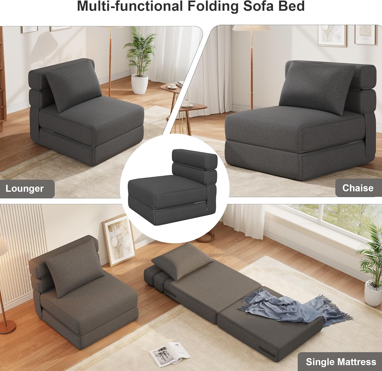 Folding Sofa Bed - Convertible Sleeper Chair with Upgraded Pillow, Modern Comfortable Sleeper Couch Linen Fabric, Foldable Memory Foam Sleepers Comfy Floor Sofa for Living Room Bedroom, Single